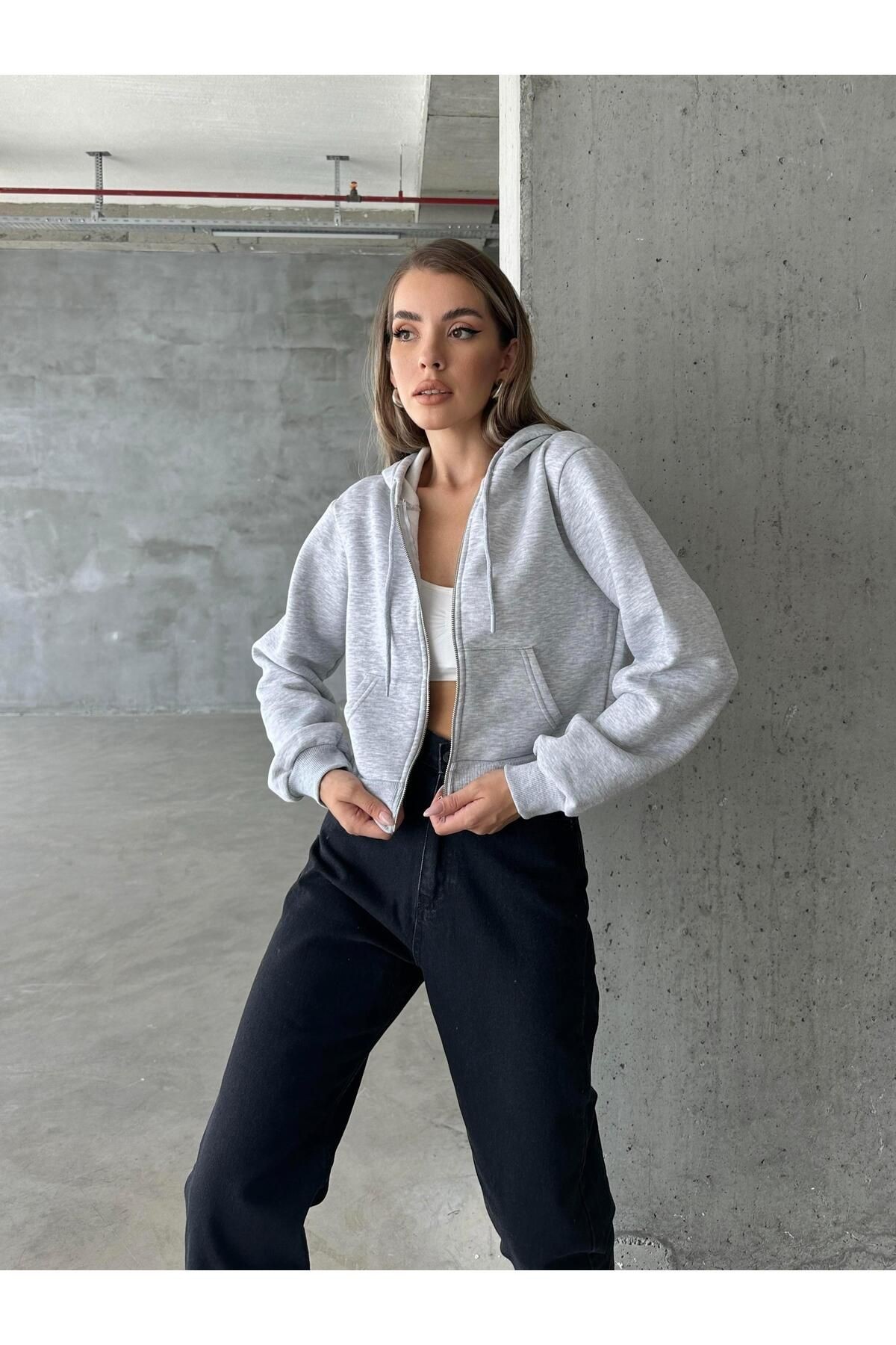 Hone Fermuarlı Kapüşonlu Crop Sweat Hırka Gri