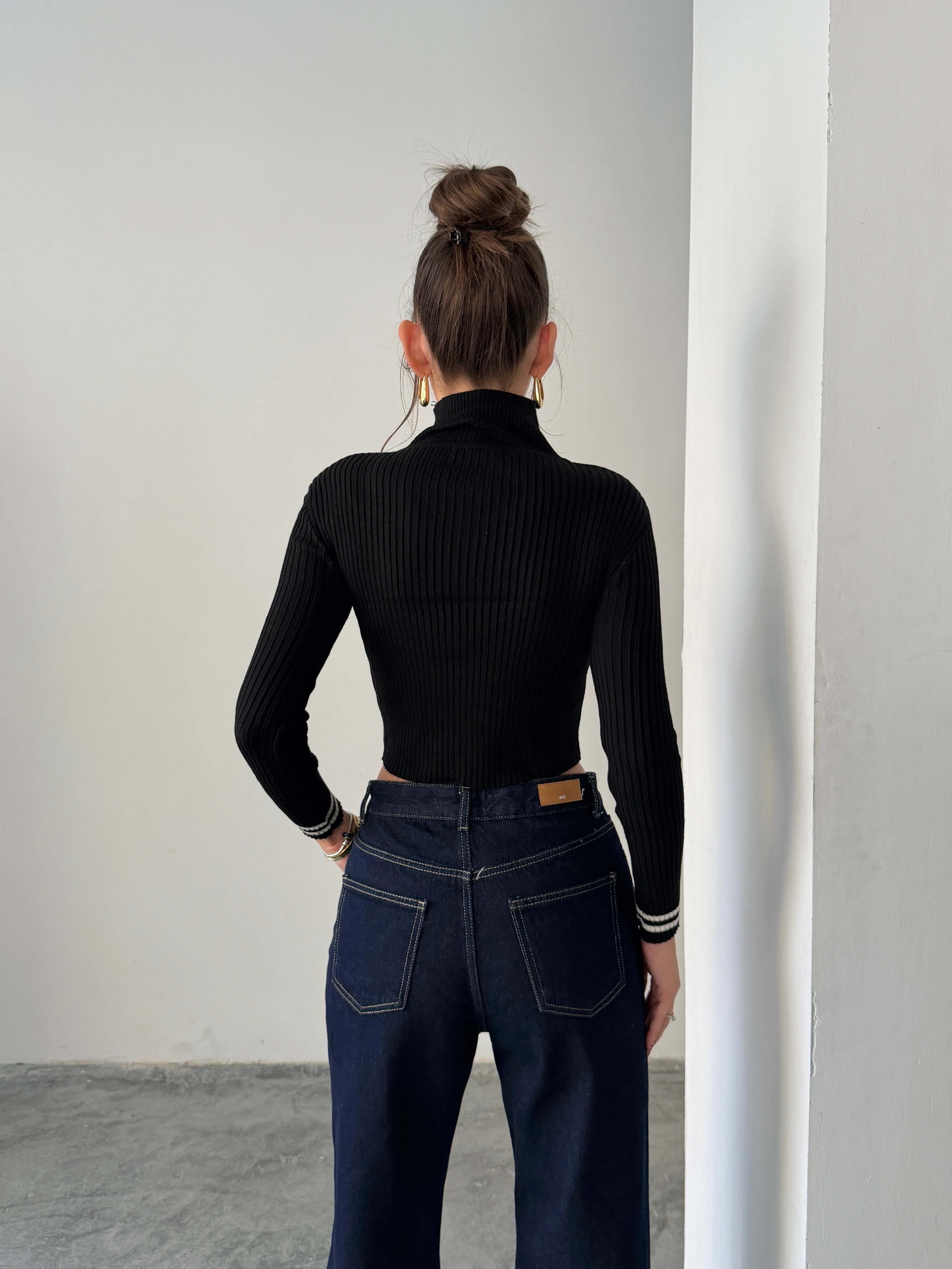 Balıkçı Crop Triko  - siyah çizgili