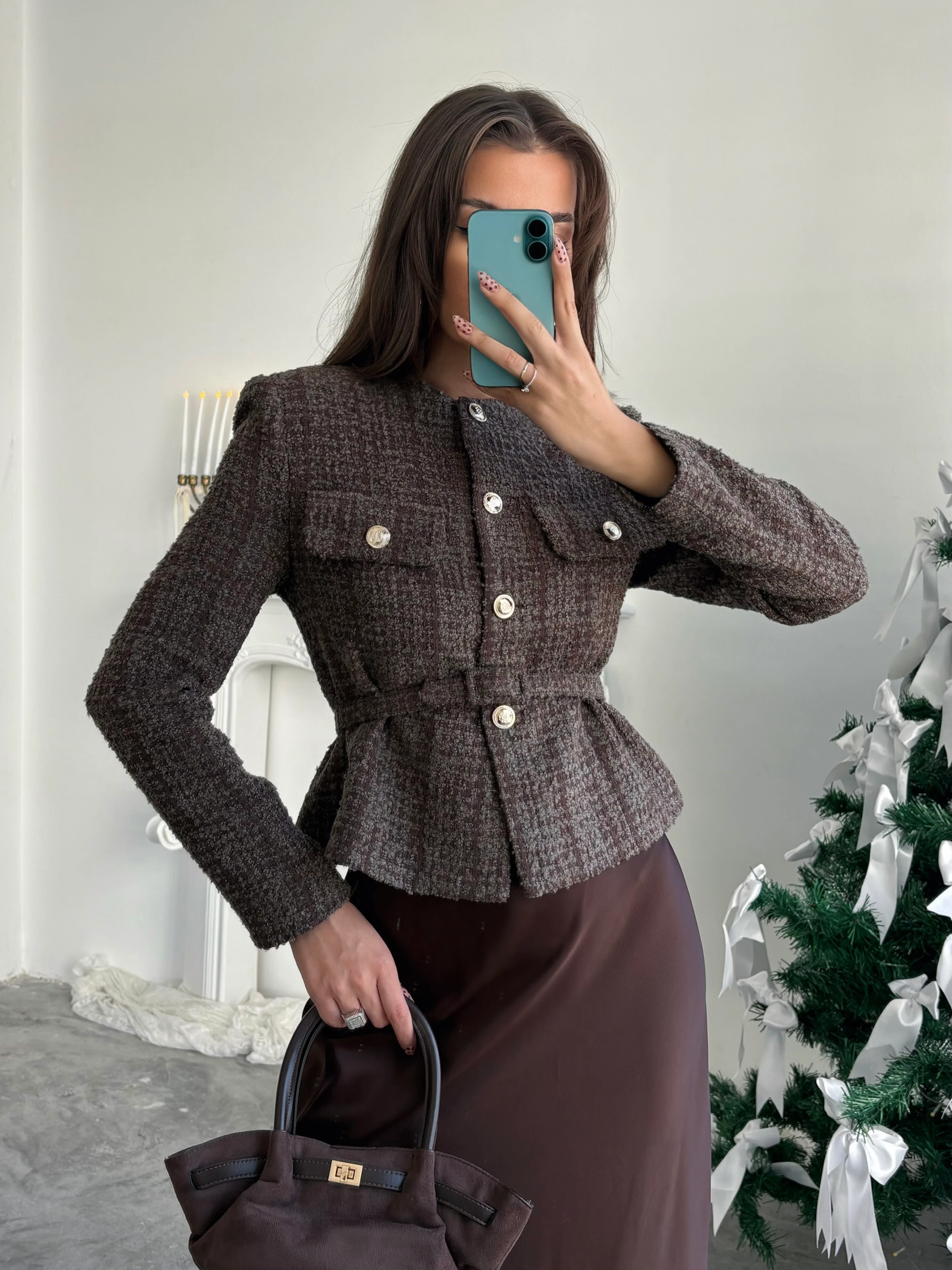 Kemer Detaylı Düğmeli Ceket - Kahve