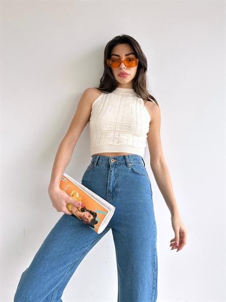 Labirent Desen Halter Triko Crop Krem