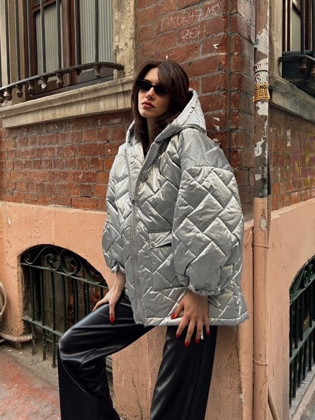 Shine Kapüşonlu Oversize Mont Metalik Gri