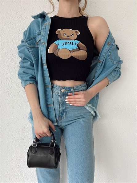 Bear Halter Yaka Fitilli Crop Siyah