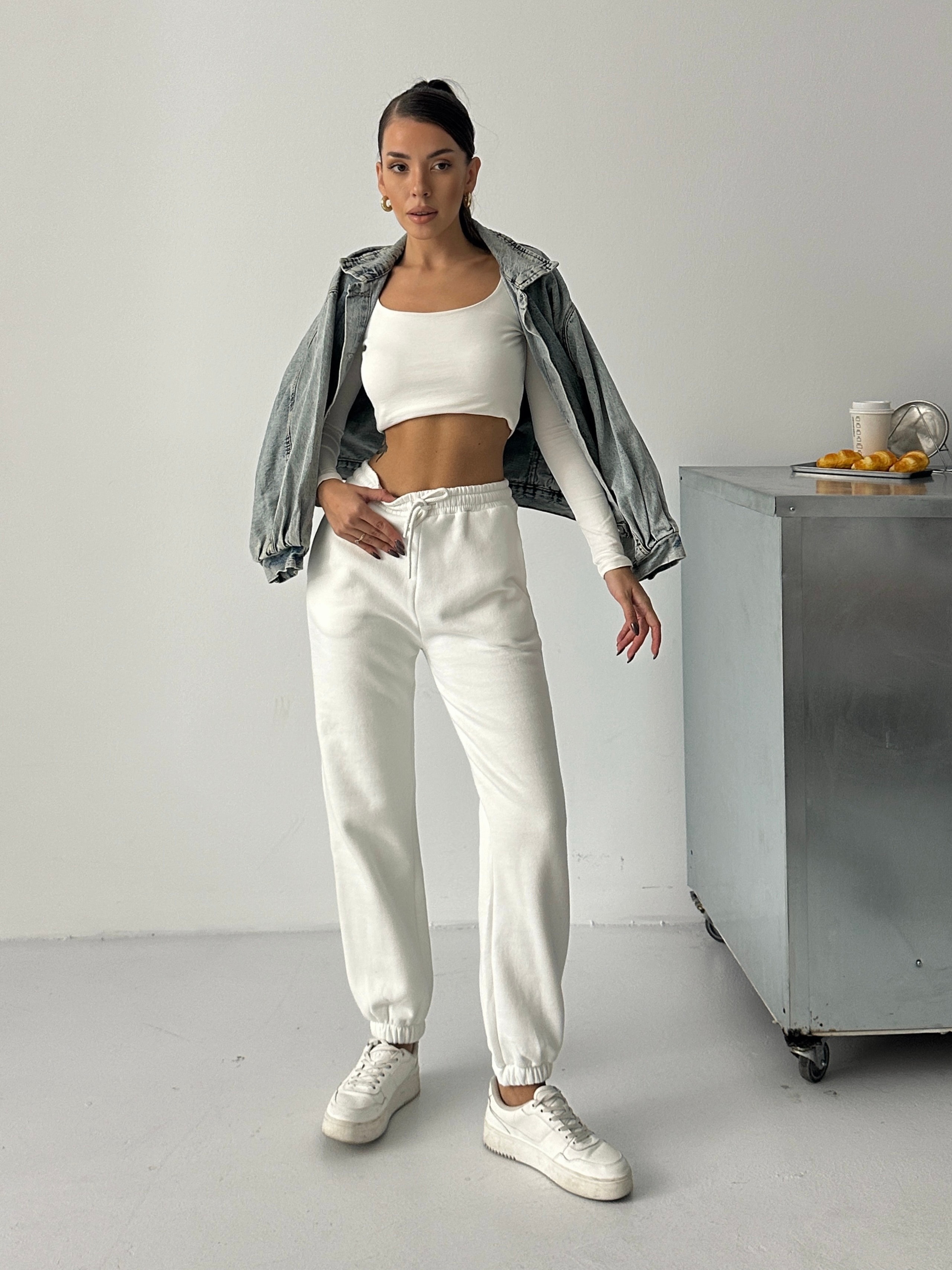 Bel Lastik Jogger Eşofman Beyaz