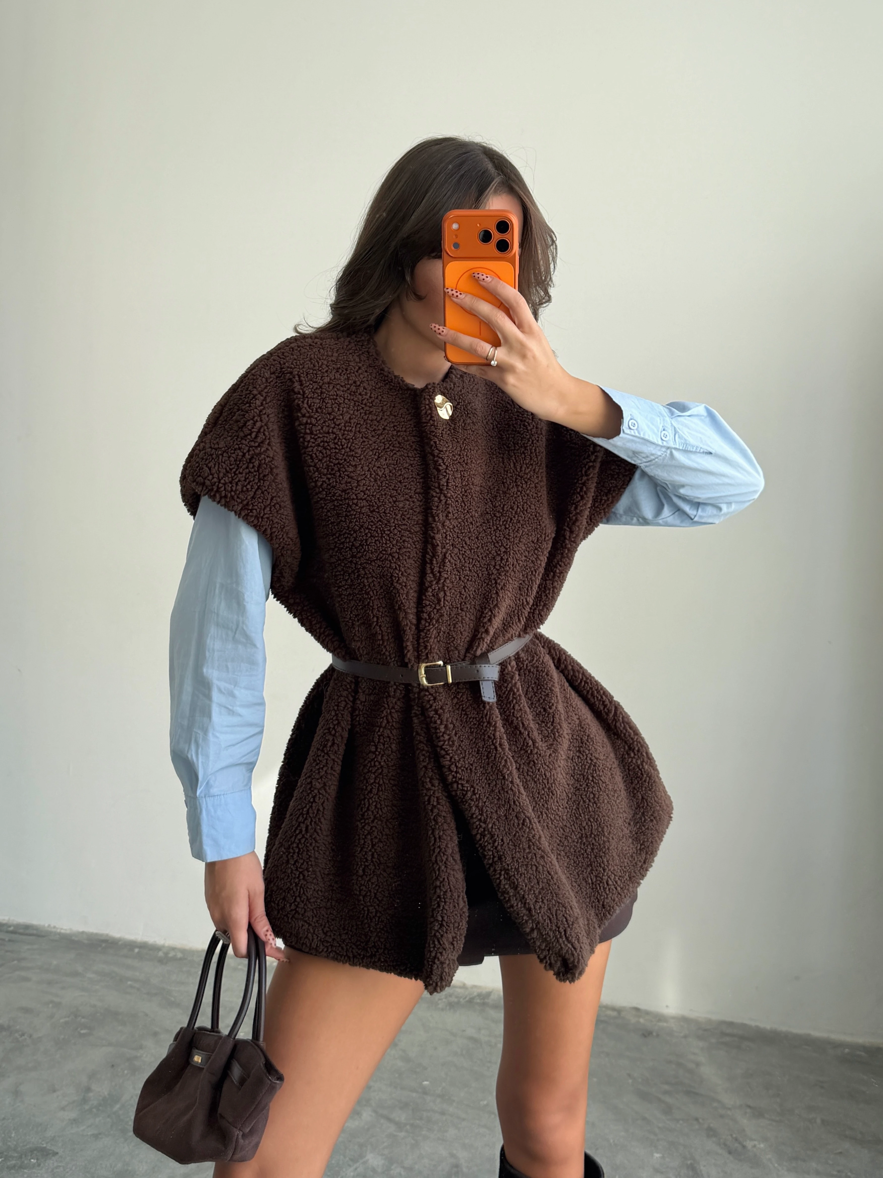 Kemerli Kürk Yelek - Kahverengi