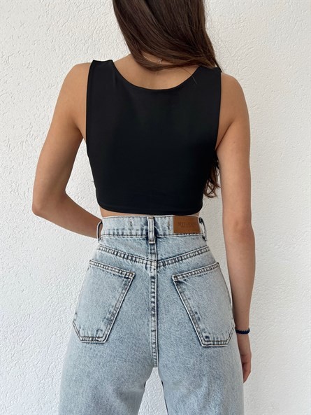 Fiyonklu U Yaka Crop Siyah