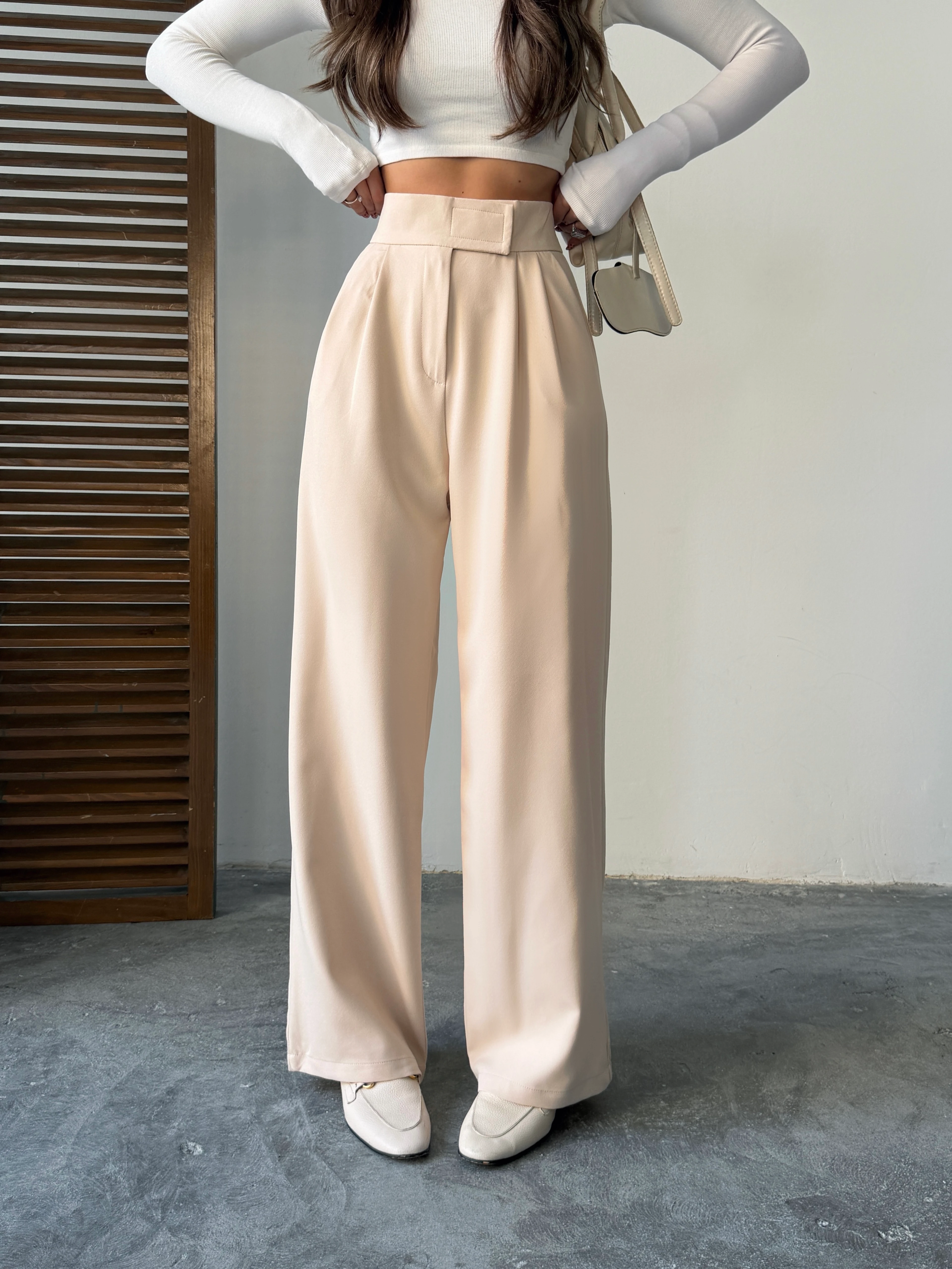 Bel Cırtlı Palazzo Pantolon  - Taş