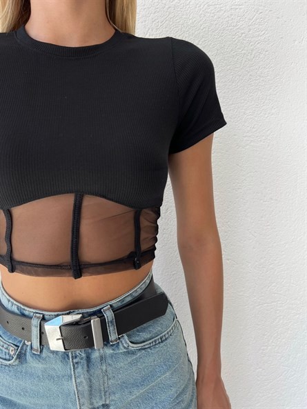 Transparan Korse Detay Basic Bluz Siyah