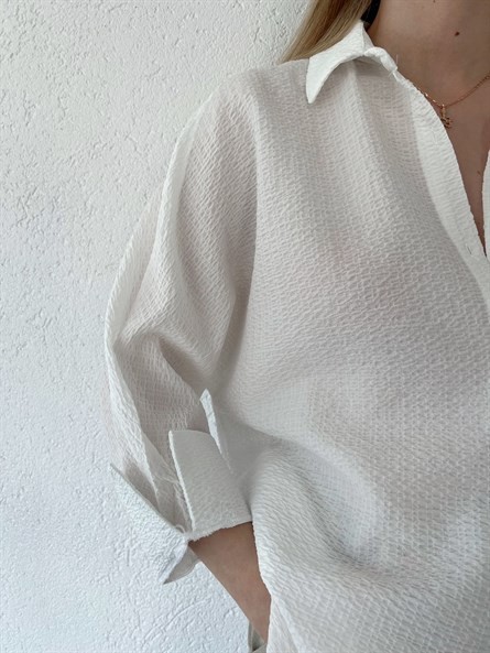 Yarasa Kol Oversize Gofre Gömlek Beyaz