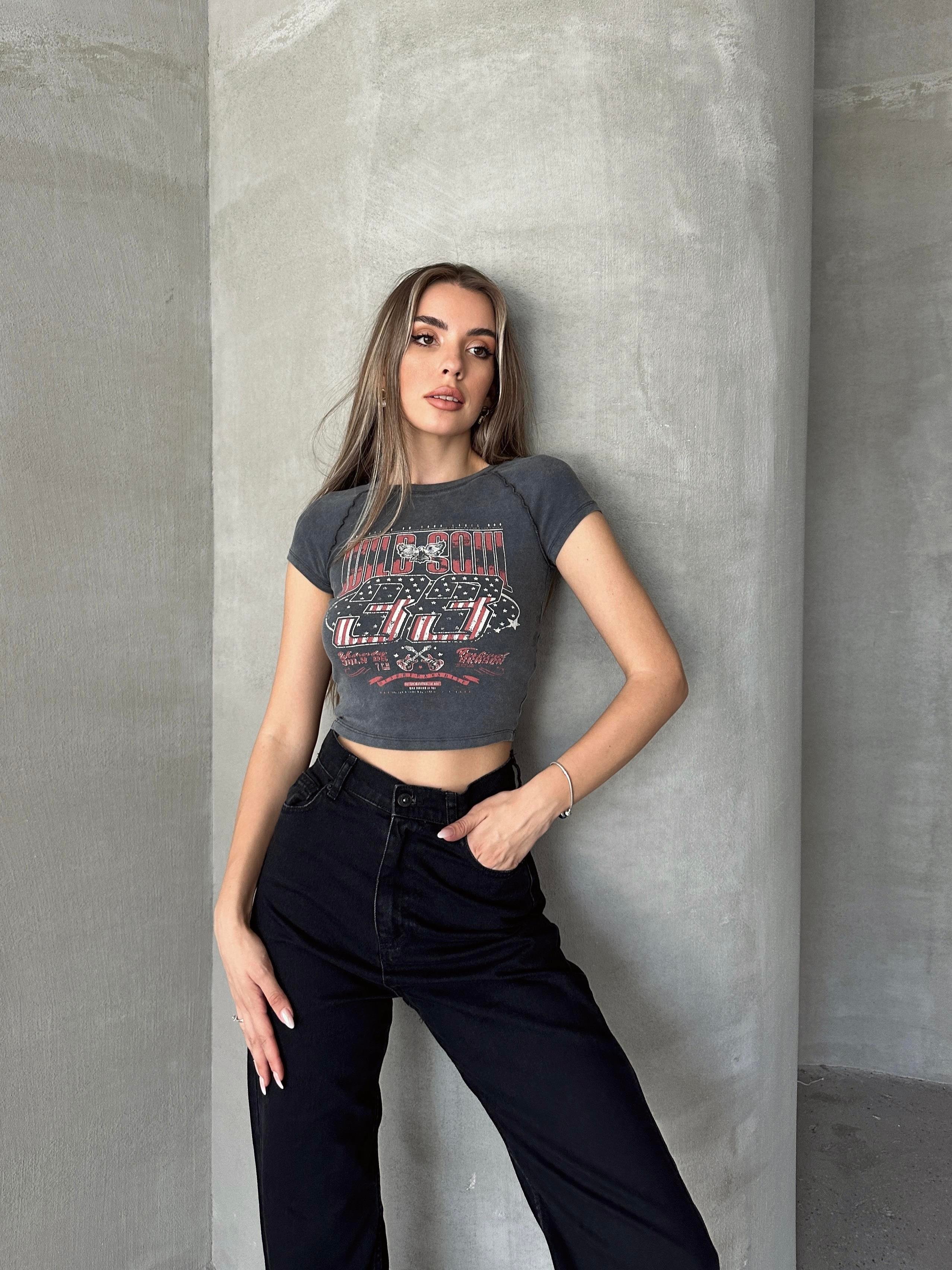 Original Yıkama Crop Tshirt Antrasit