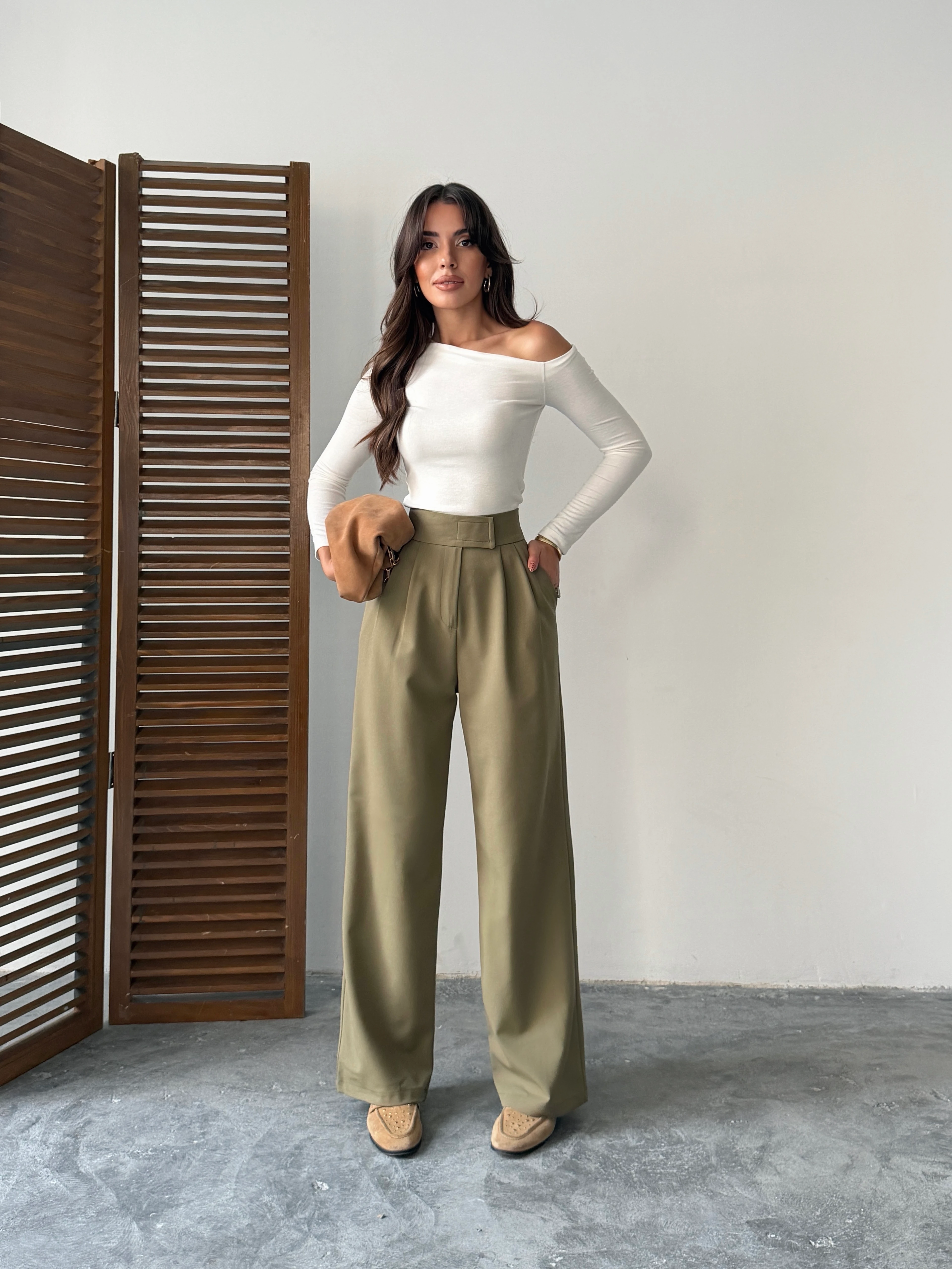 Bel Cırtlı Palazzo Pantolon  - Haki