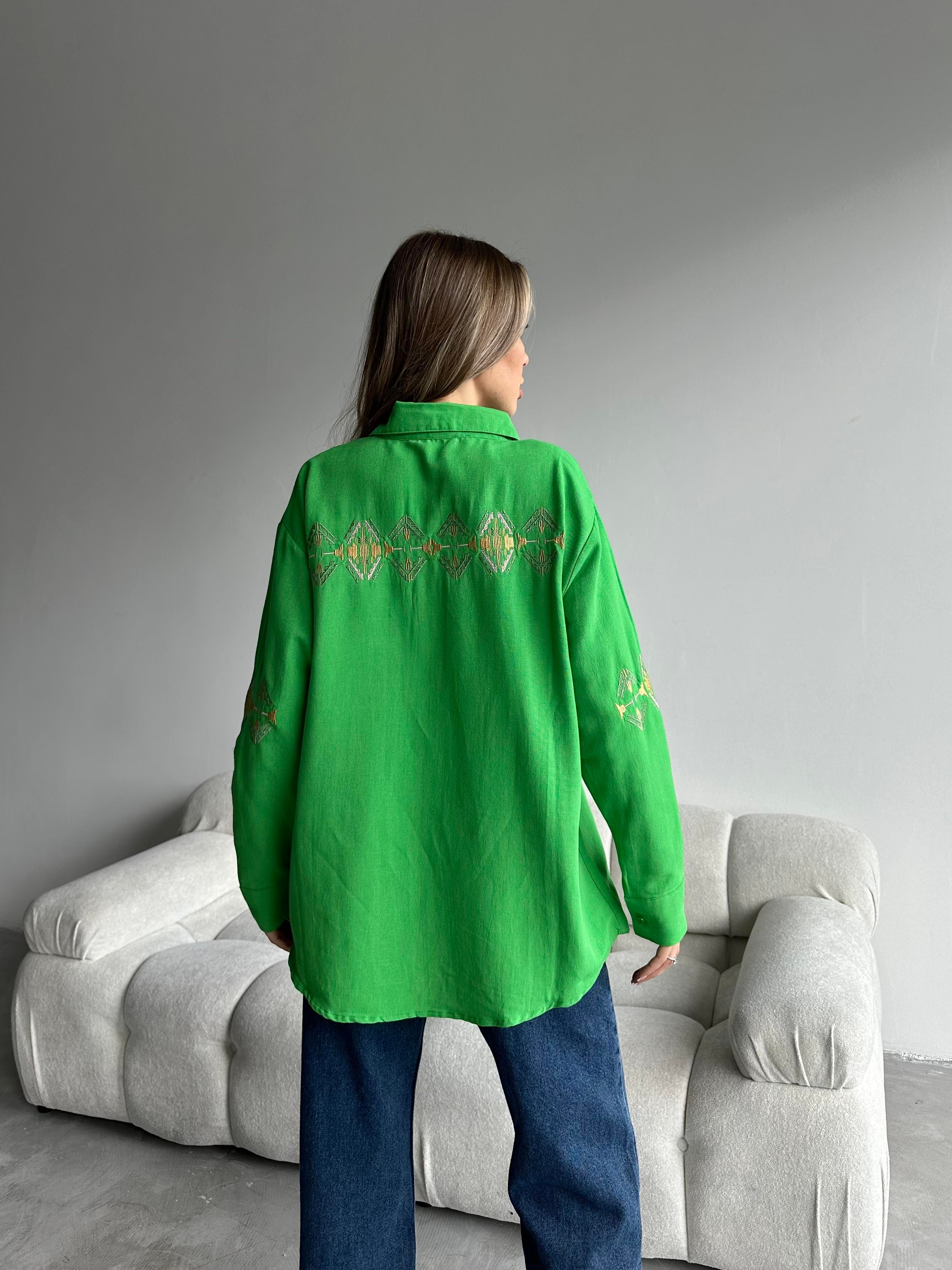 Kol Nakış İşleme Oversize Keten Gömlek Yeşil