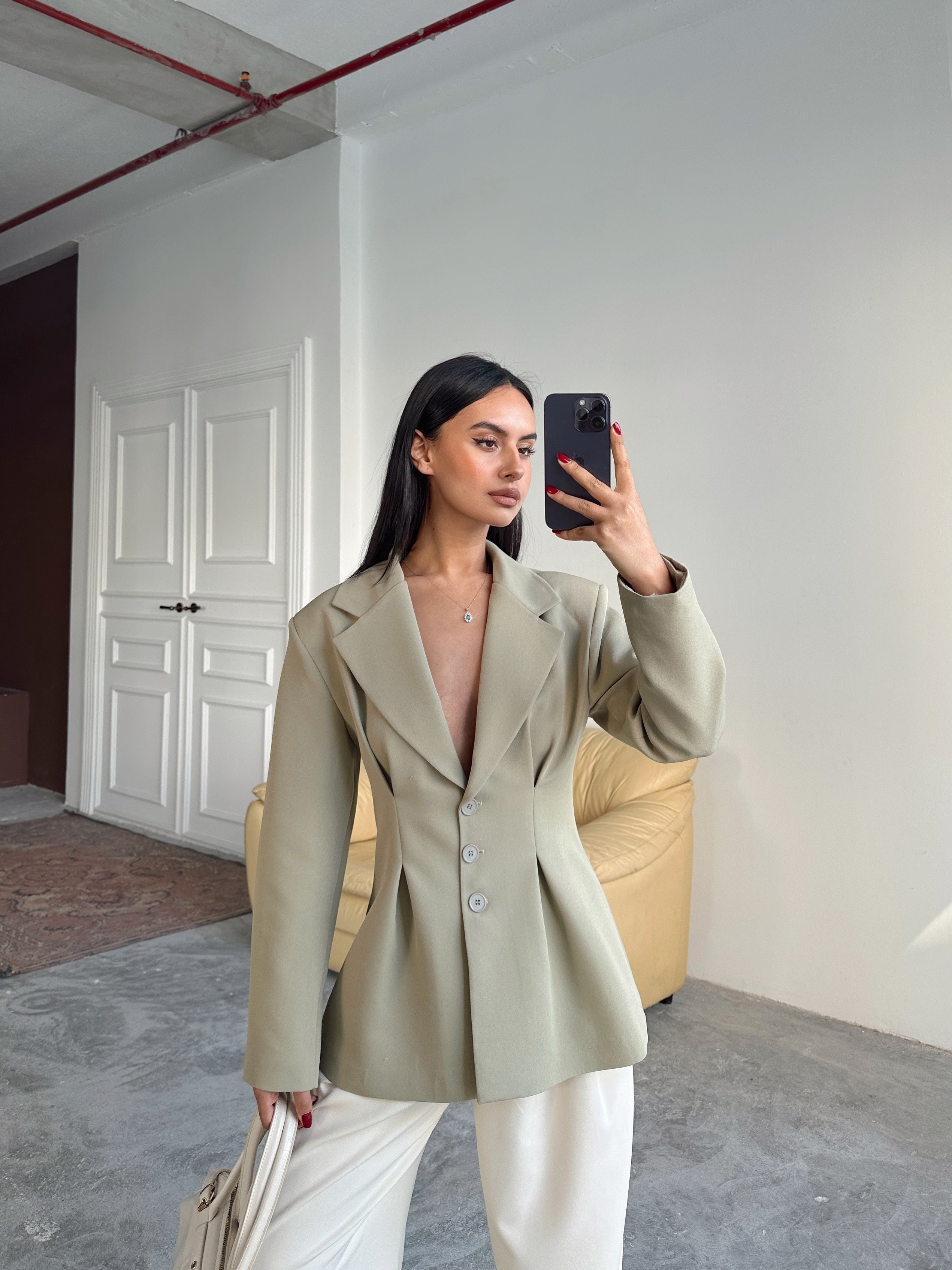 Pile Detay Oturtmalı Blazer Ceket  - Çağla Yeşili