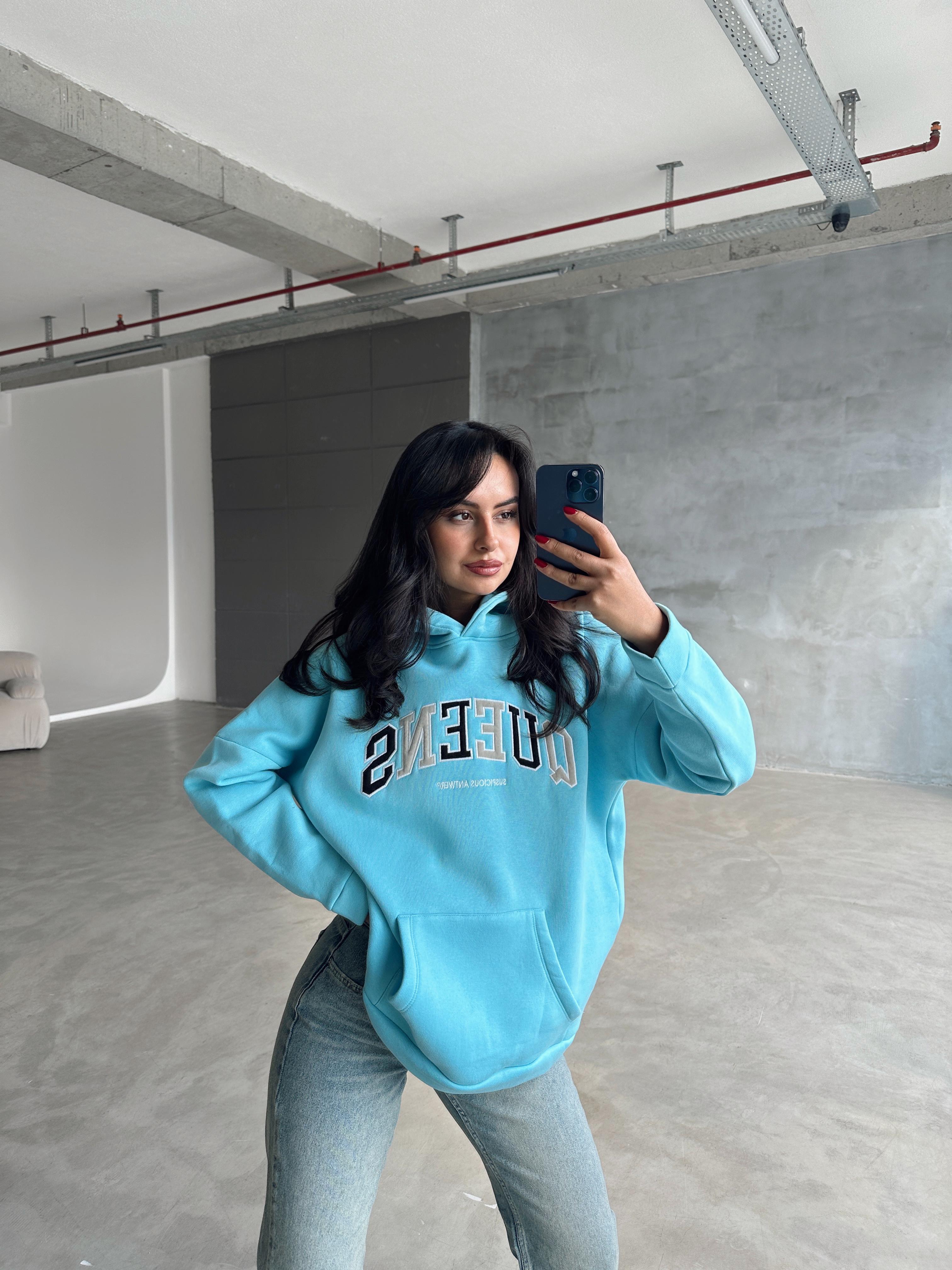 Queens Üç İplik Kapüşonlu Oversize Sweat Mavi