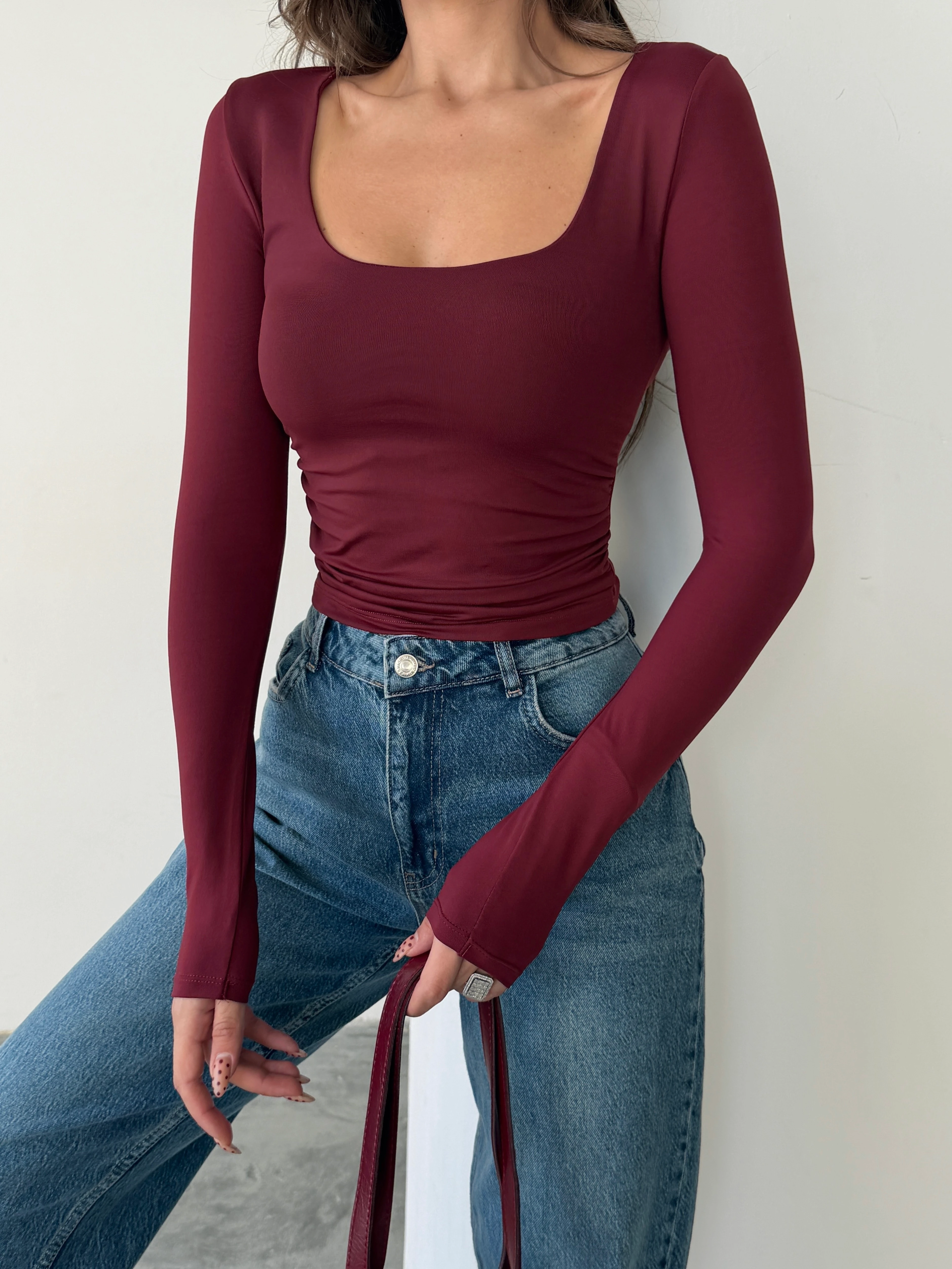 U Yaka Yan Büzgü Bluz - Mürdüm