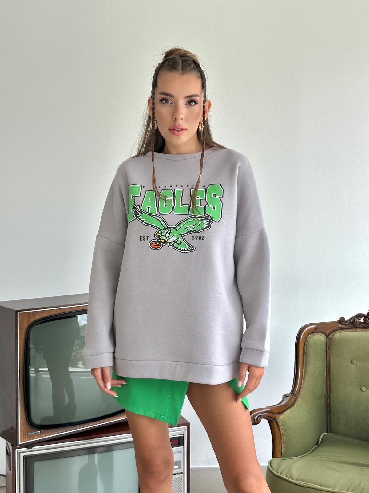 Eagles Üç İplik Oversize Sweat Gri