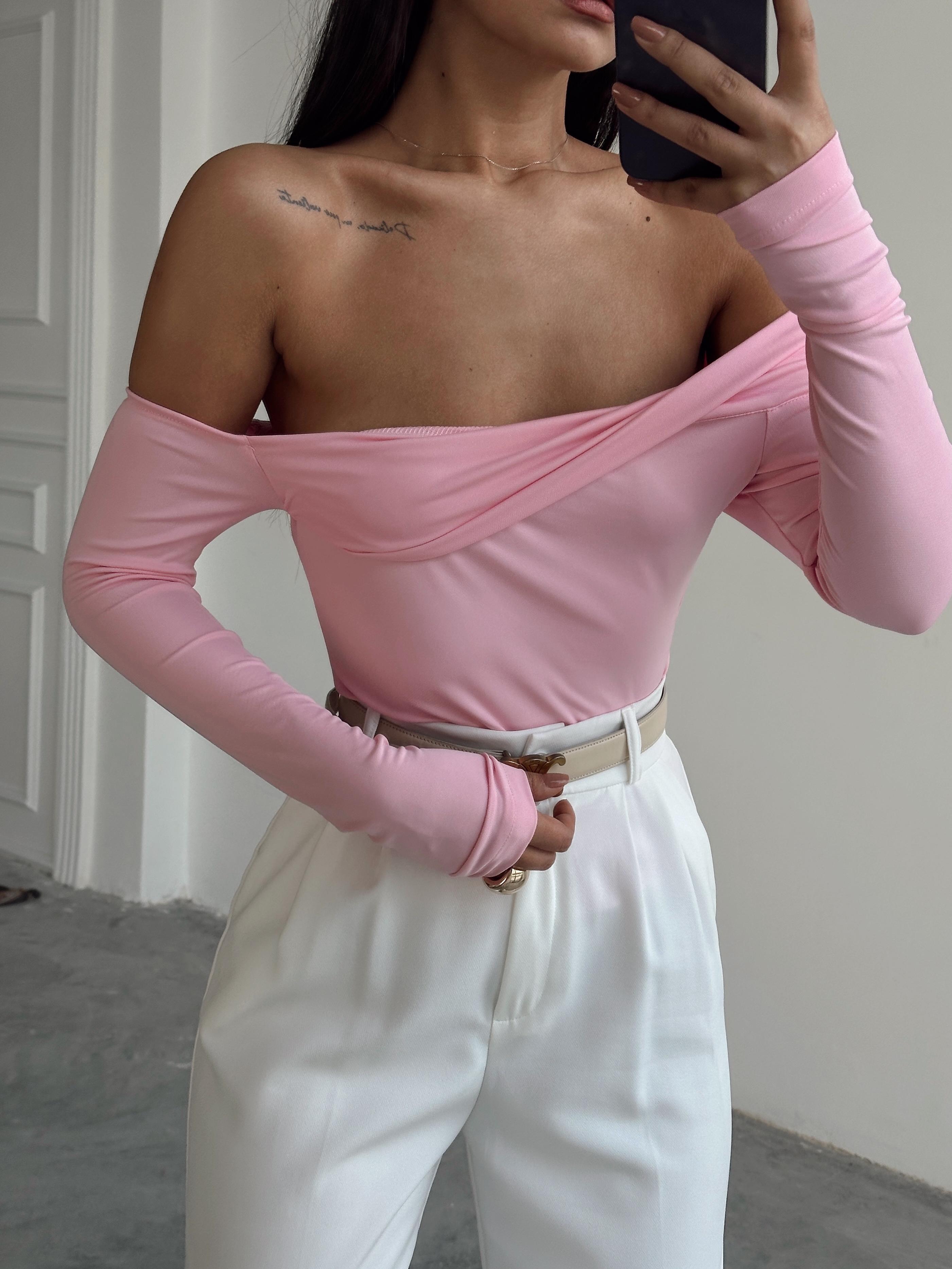 Yaka Katlama Bluz  - Pembe
