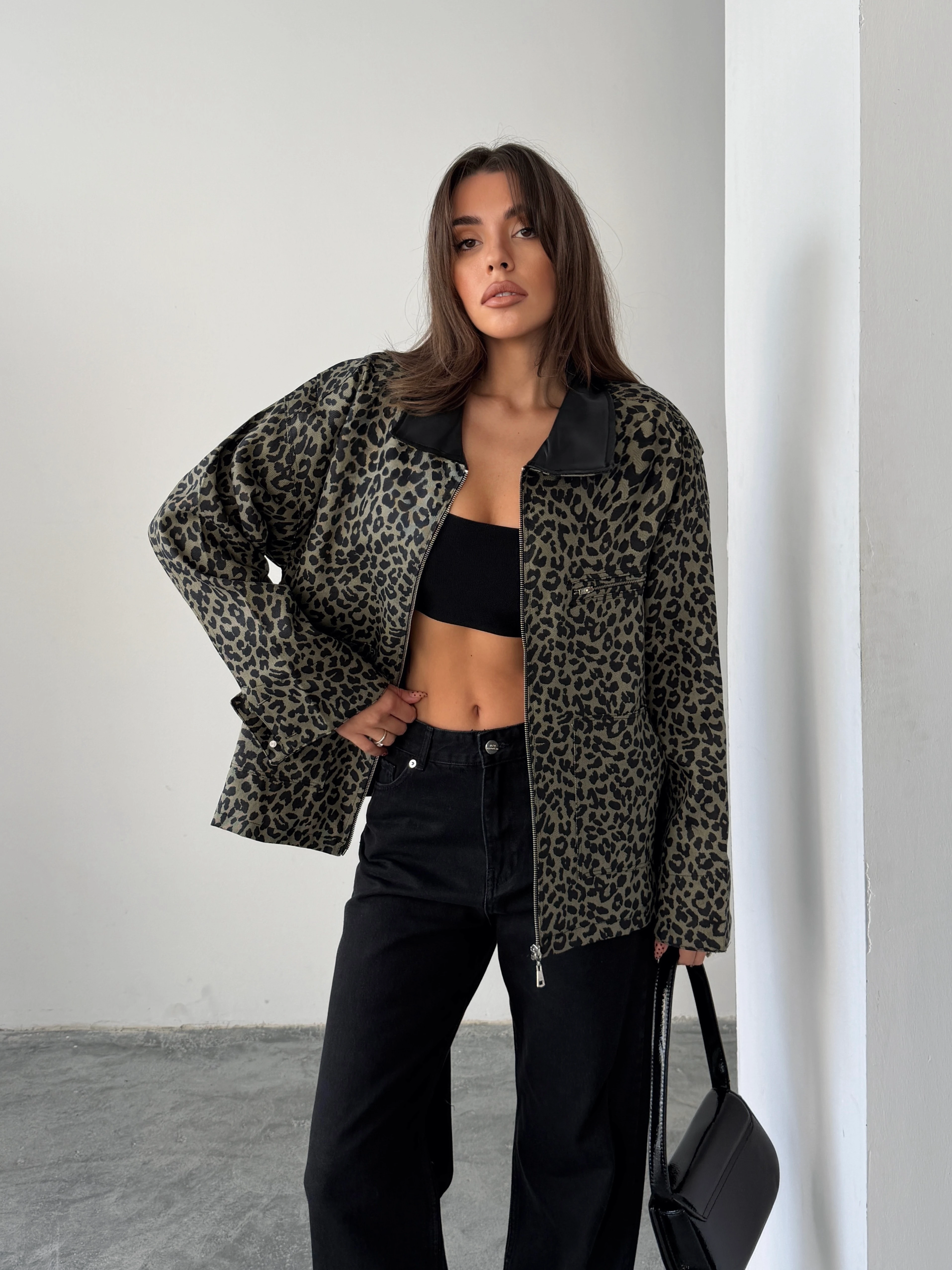 Oversize Leopar Ceket - Haki