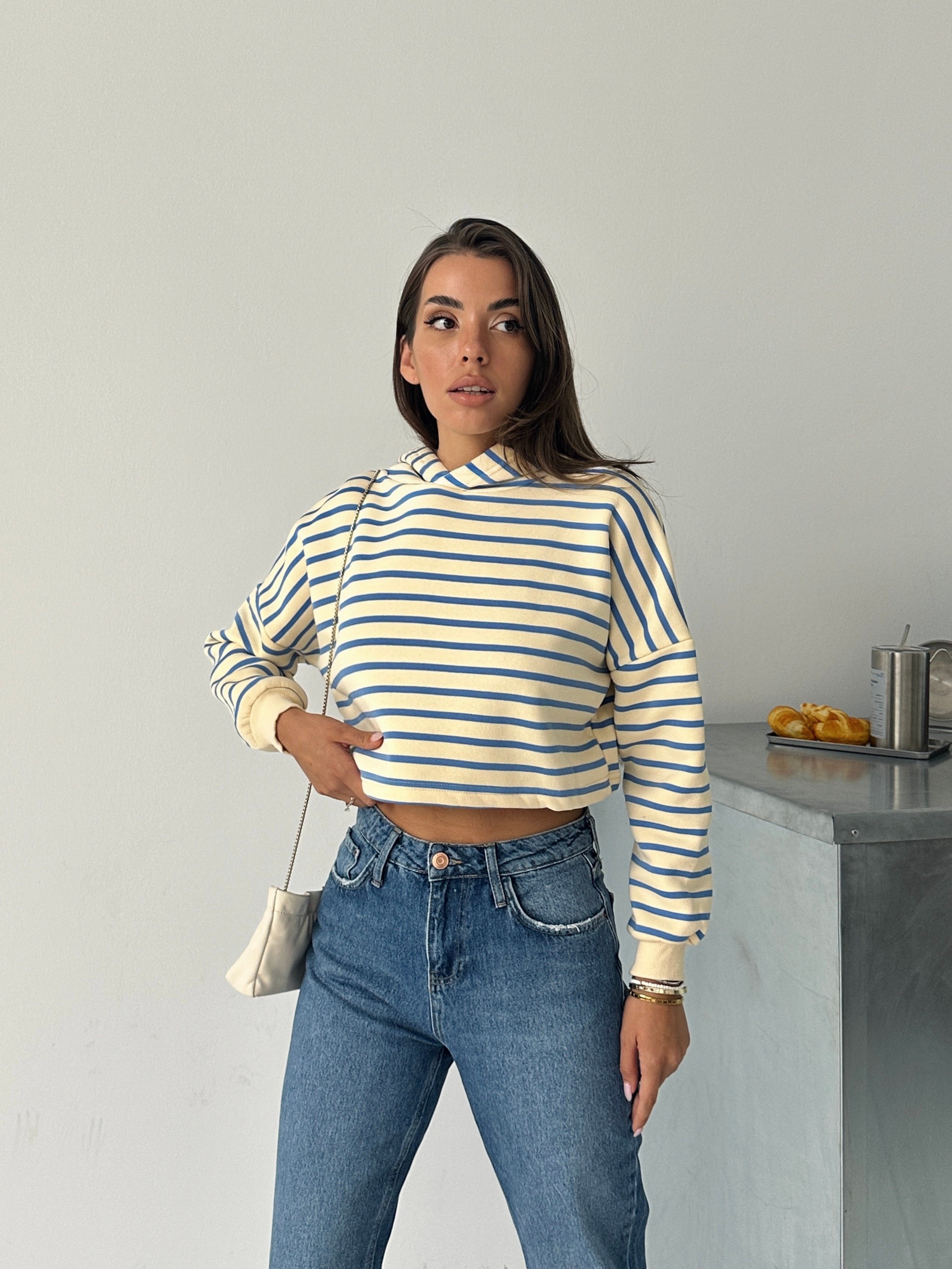 Kapüşonlu Çizgili Crop Sweat - Mavi