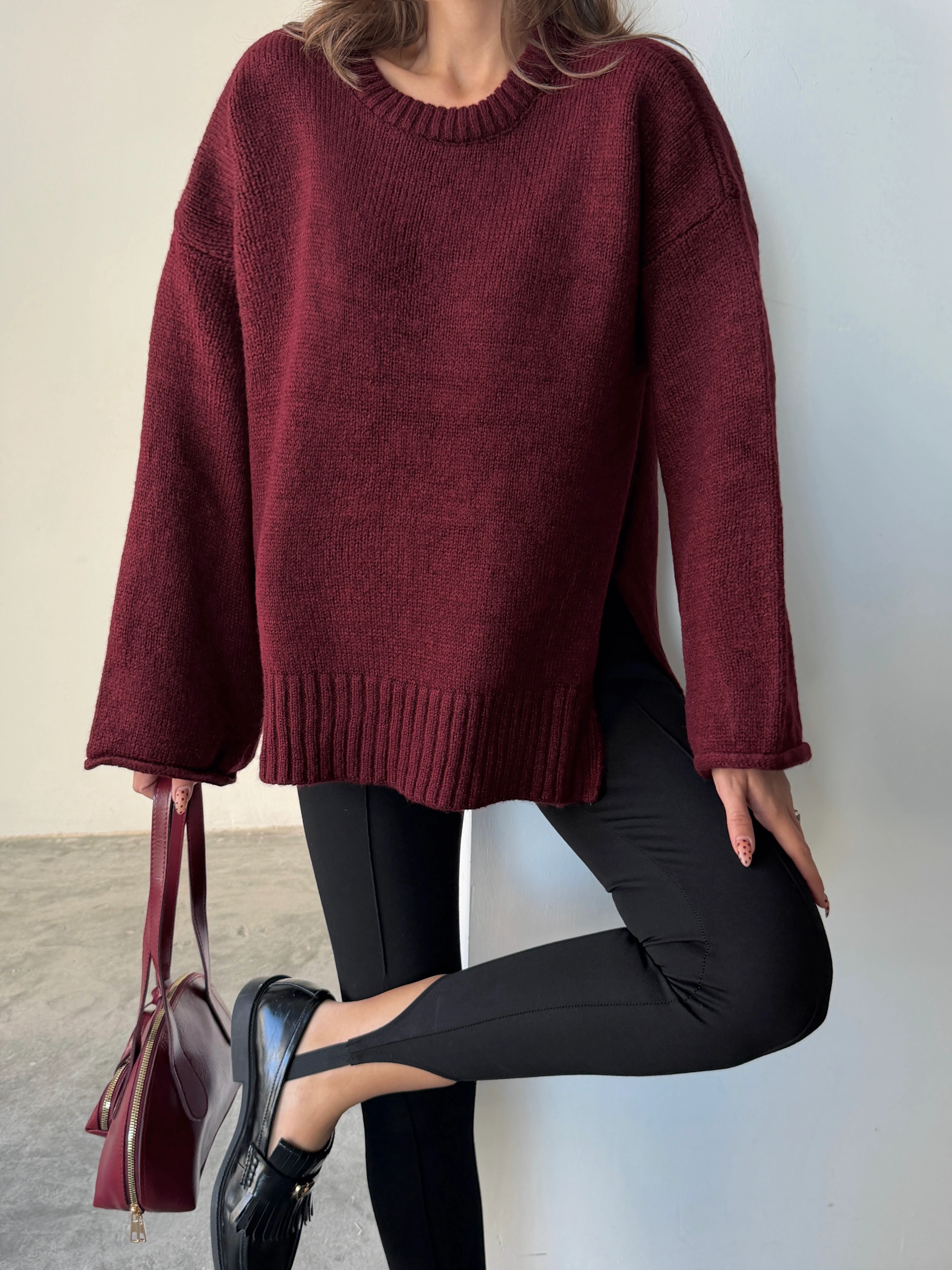 Yırtmaçlı Basic Triko  - Bordo