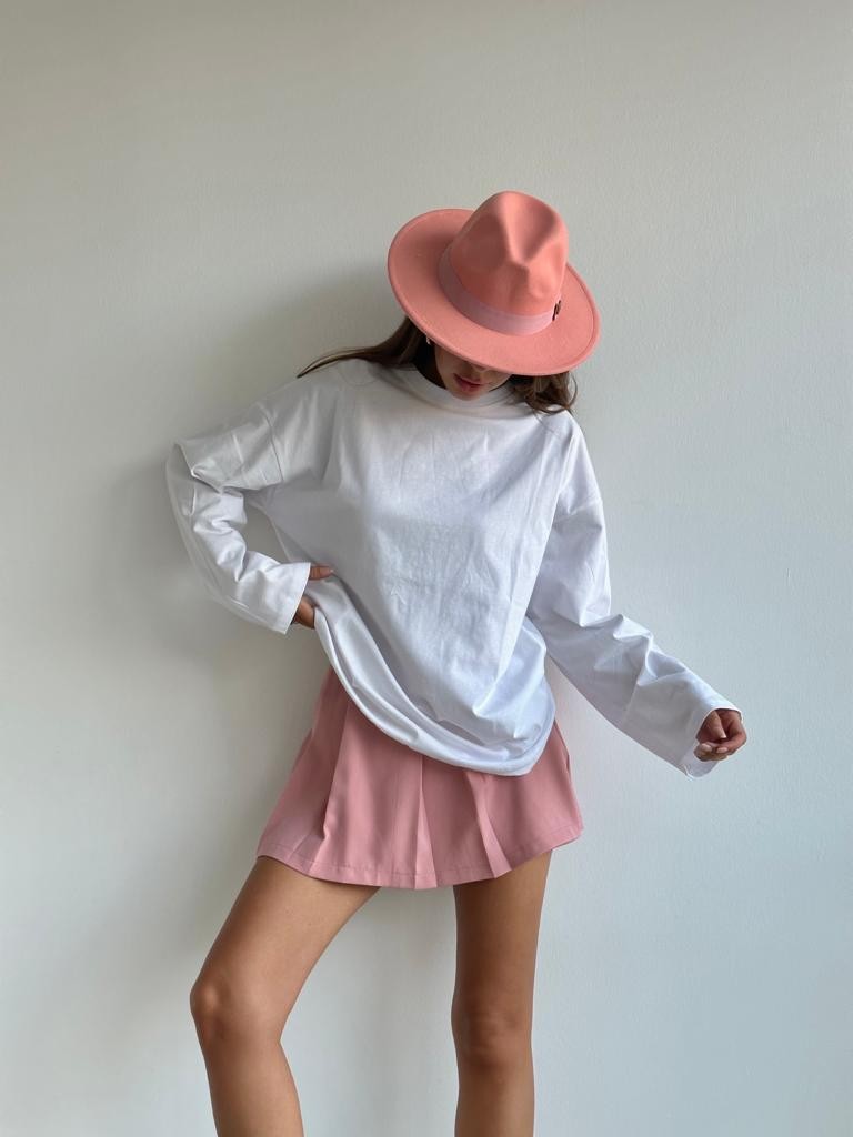 Pamuklu Uzun Kollu Oversize Tshirt Beyaz