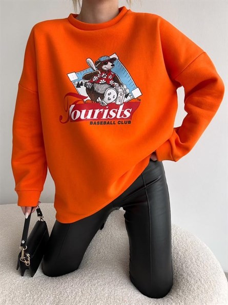 Tourists Baskı Oversize Sweatshirt Turuncu