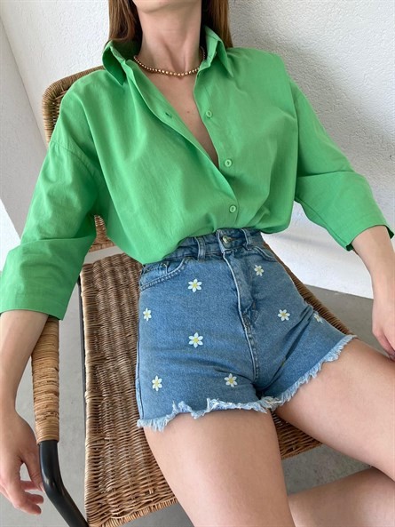 Fakir Kol Oversize Keten Gömlek Yeşil