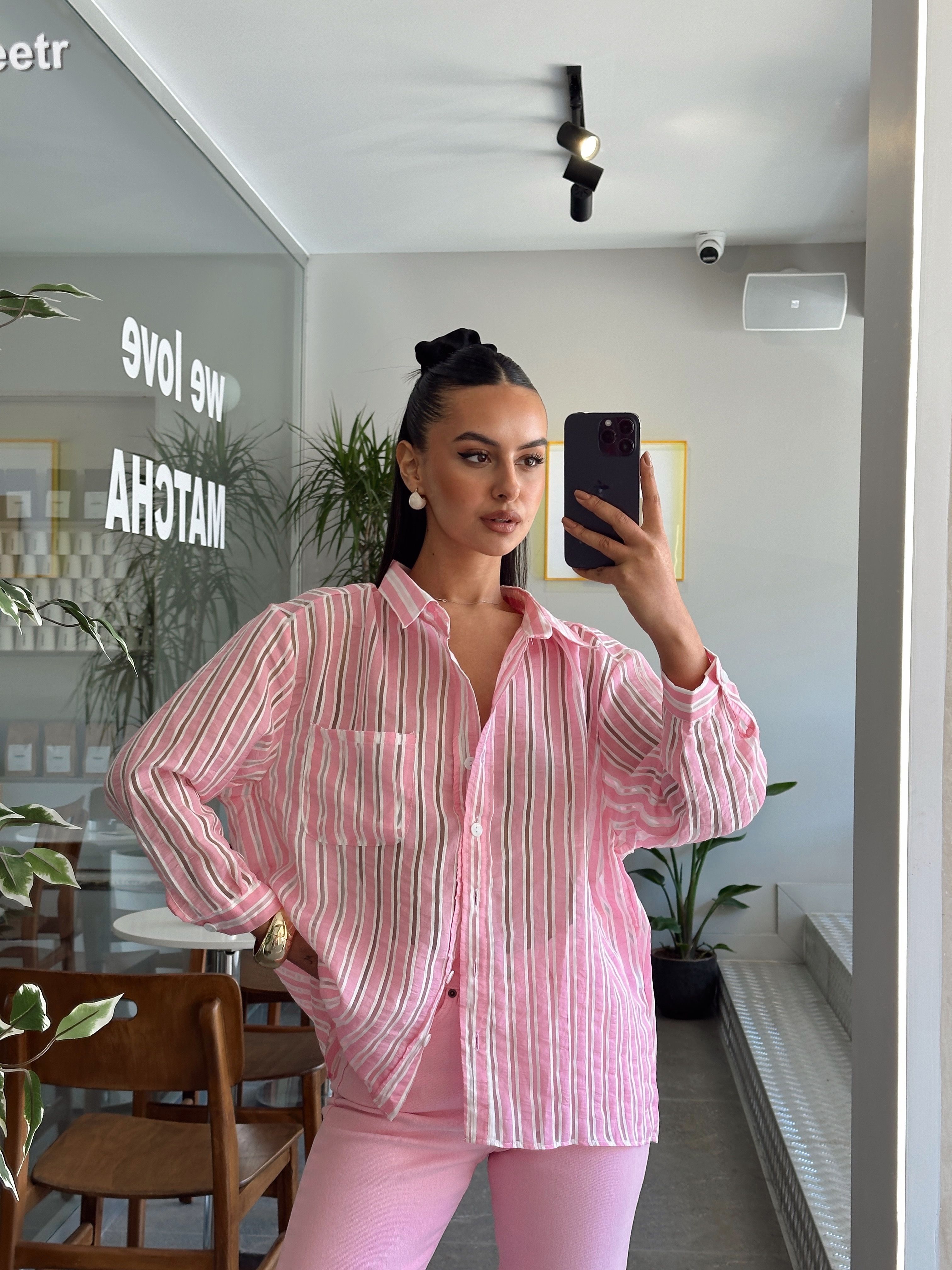 Oversize Çizgili Gömlek - Pembe