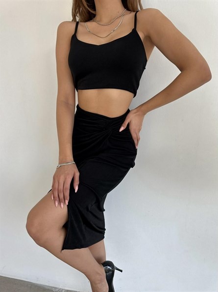 Askılı Büzi Crop Siyah
