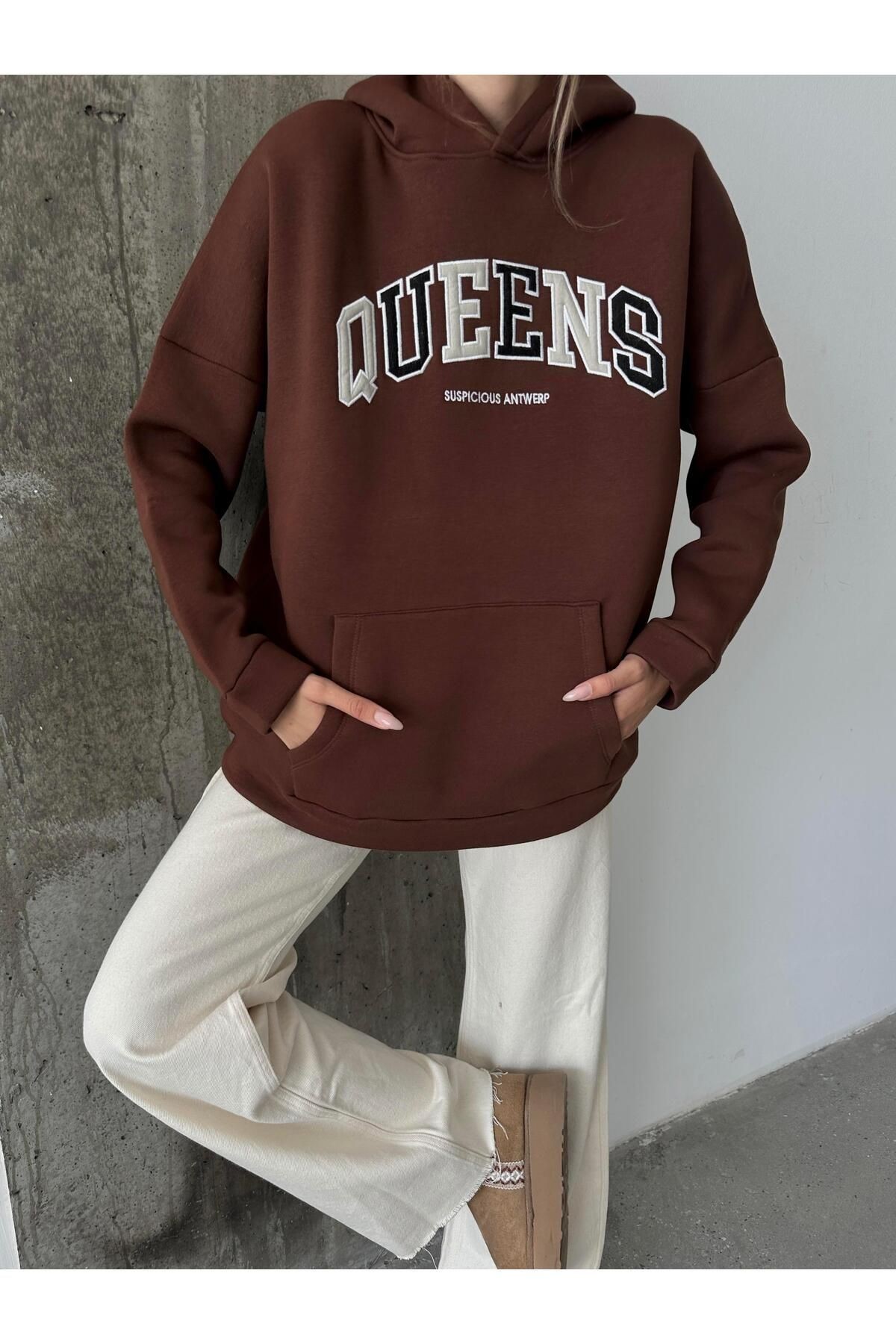 Queens Üç İplik Kapüşonlu Oversize Sweat Kahverengi