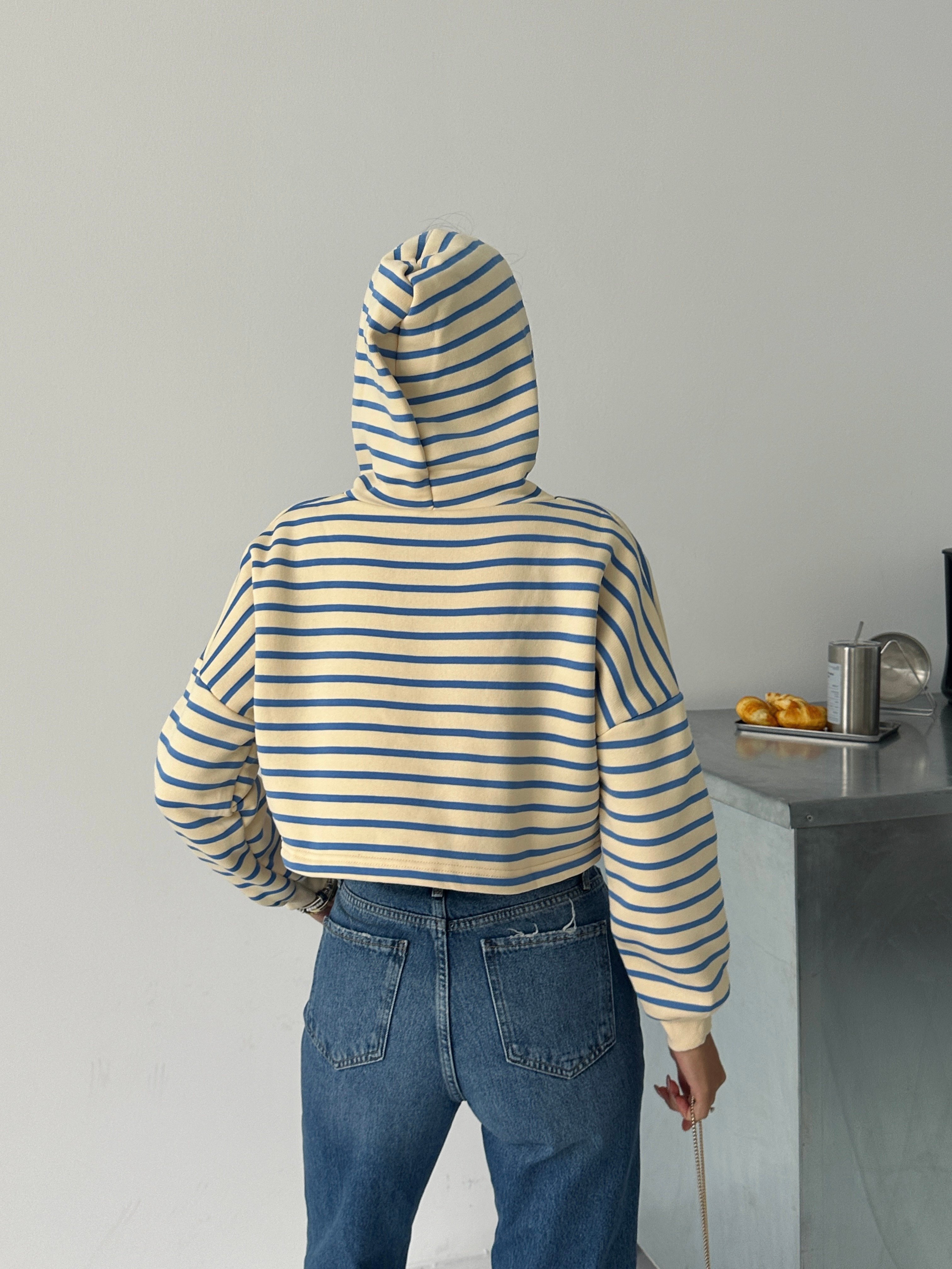 Kapüşonlu Çizgili Crop Sweat - Mavi