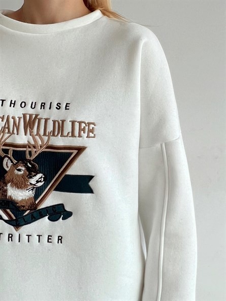Nakışlı Oversize 3 İplik Sweat Beyaz