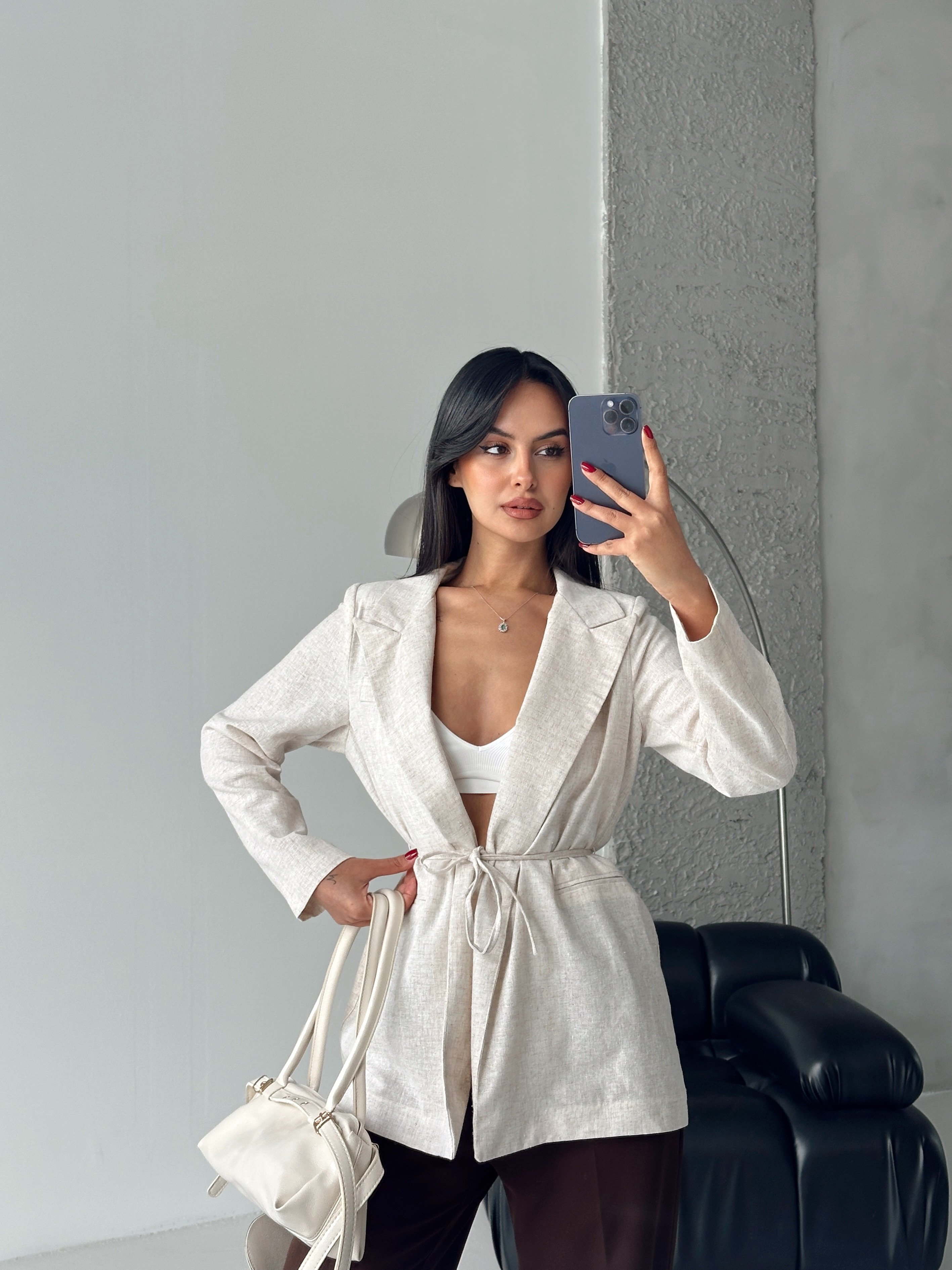 Keten Bağlamalı Blazer Ceket - Ekru