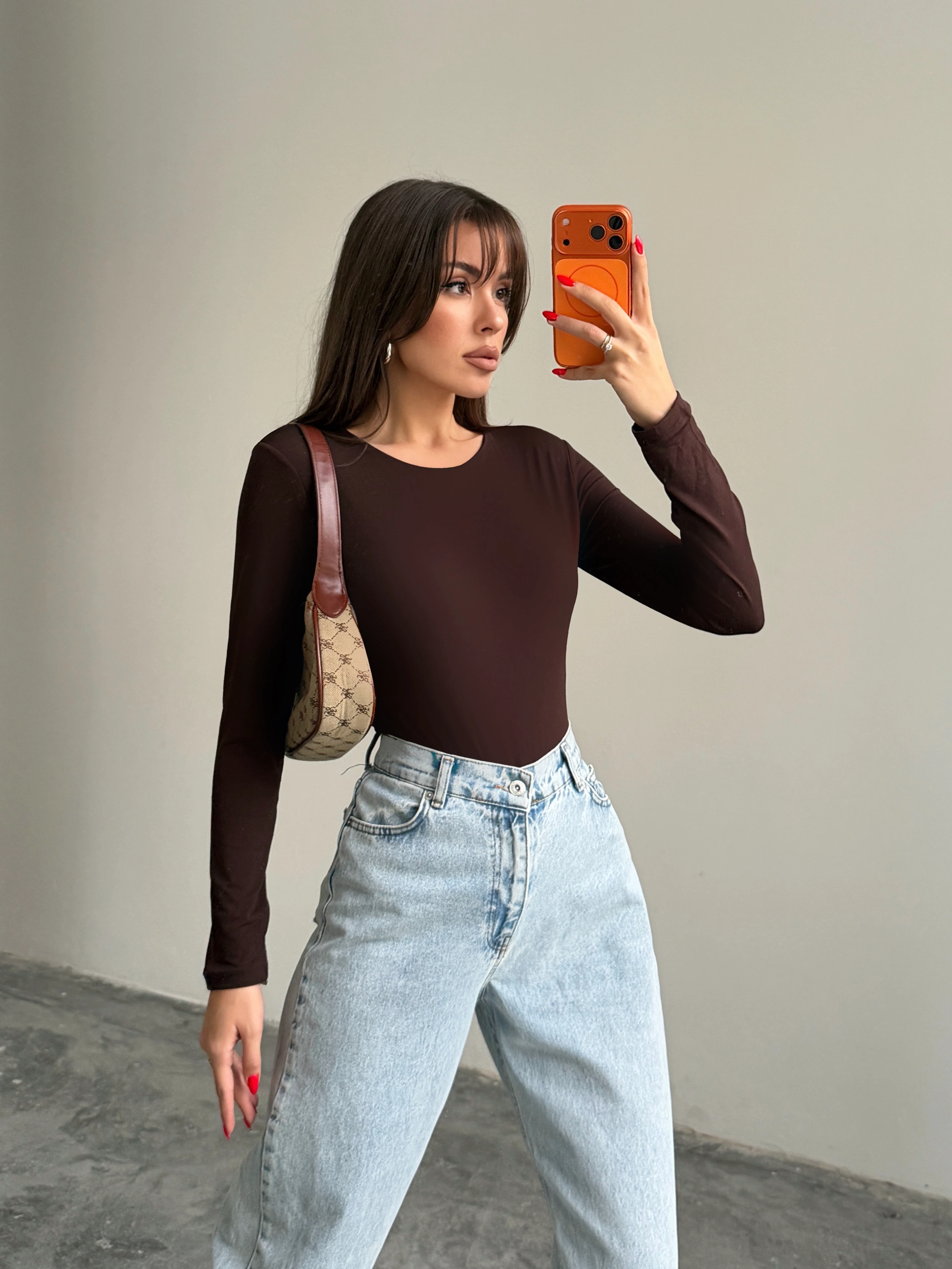 Bisiklet Yaka Bodysuit - Kahve