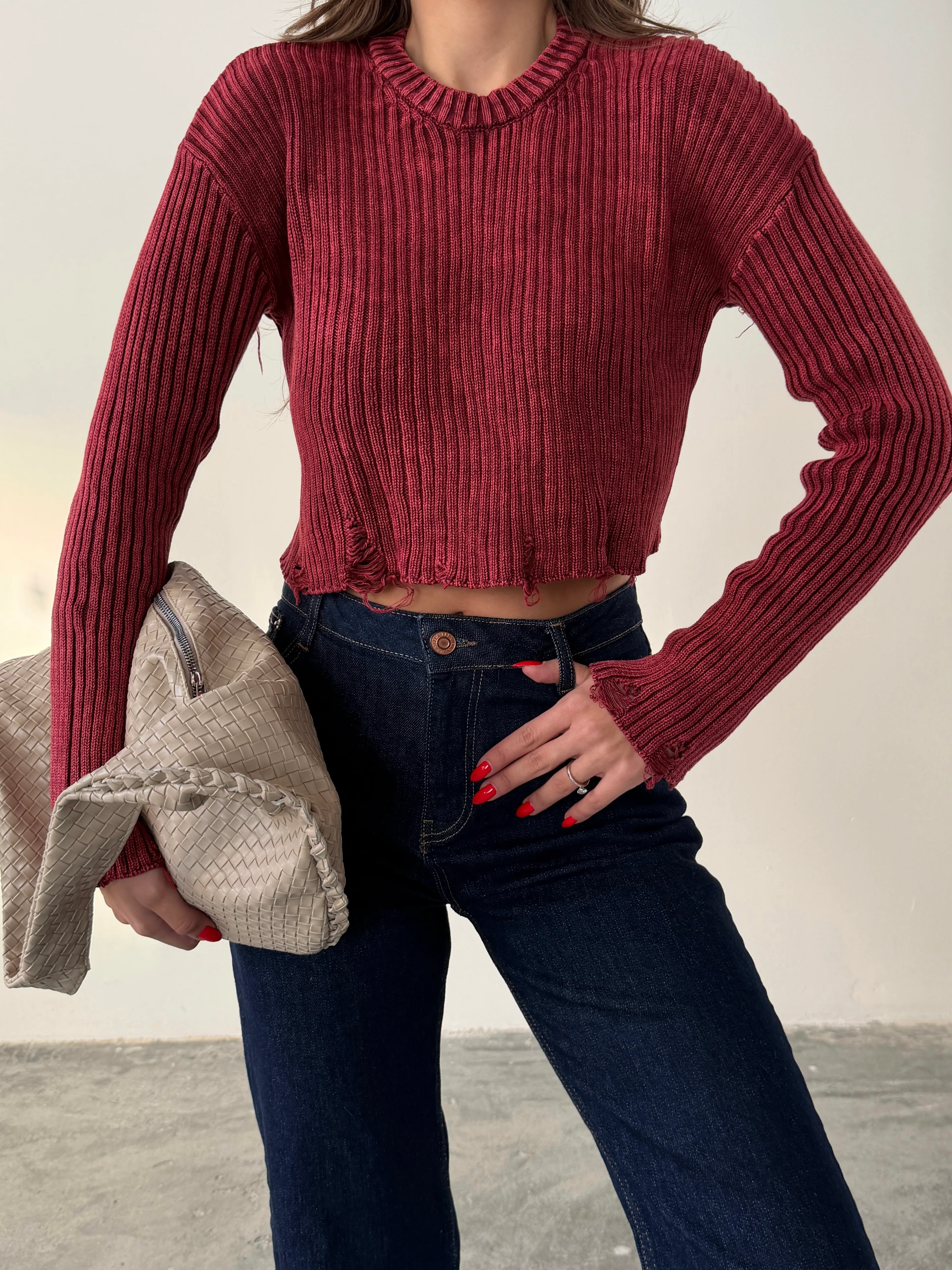 Yırtık Detay Crop Triko  - Bordo