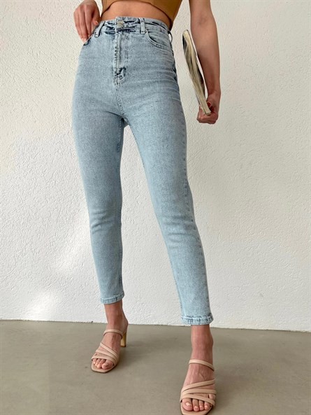 Yüksek Bel Likralı Mom Jean Buz Mavi