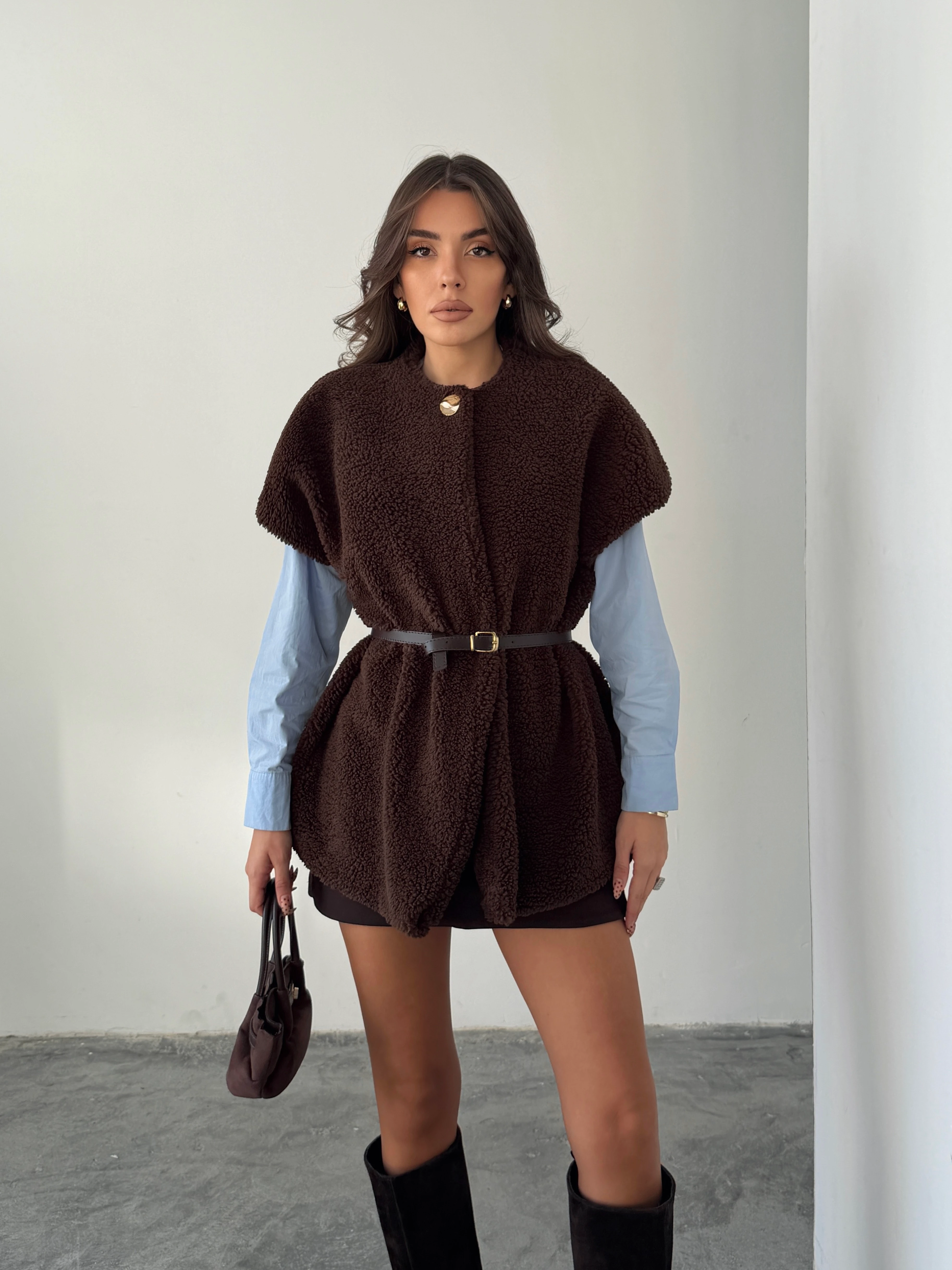 Kemerli Kürk Yelek - Kahverengi