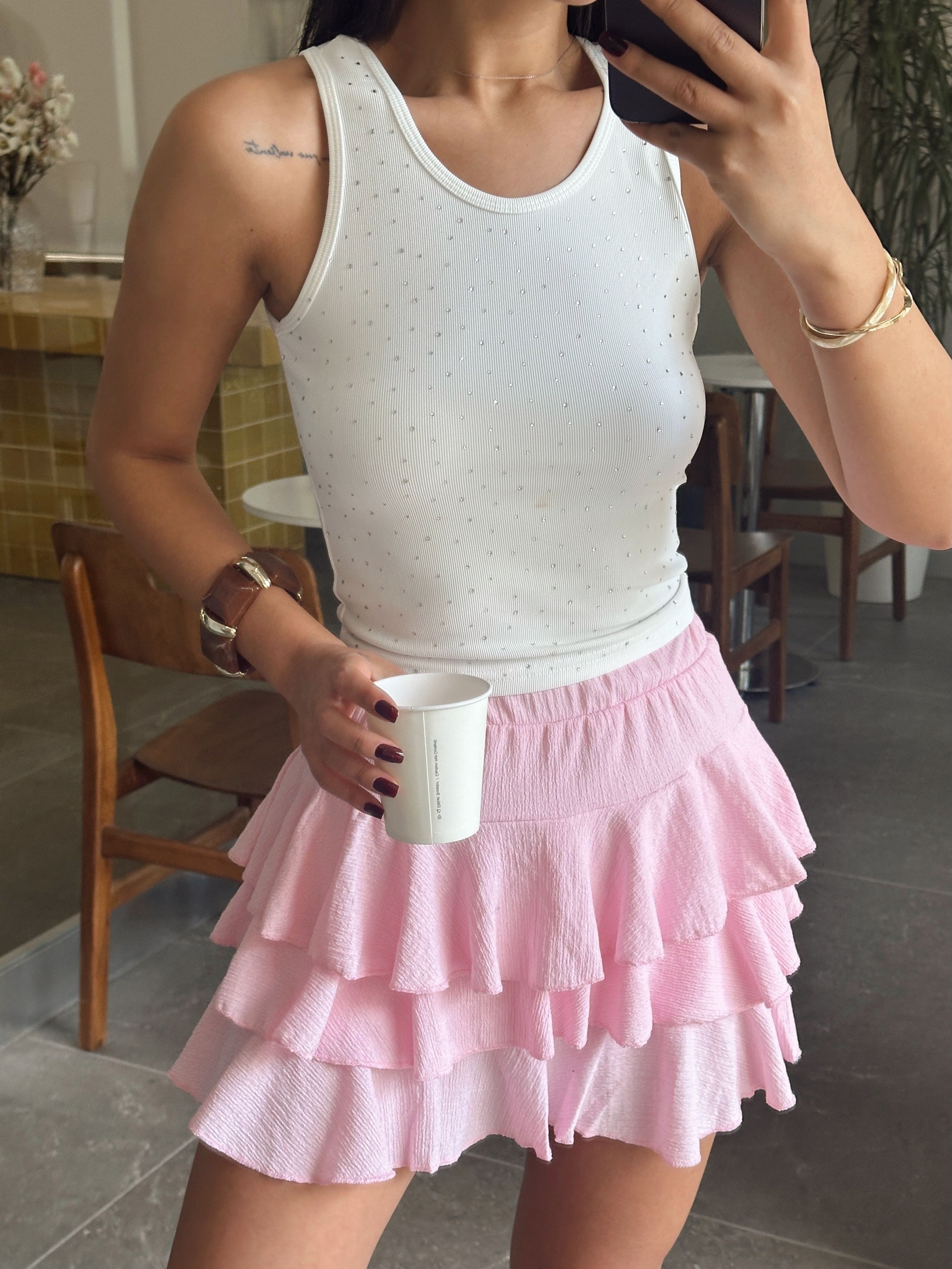 Fitilli Taşlı Bluz - Beyaz