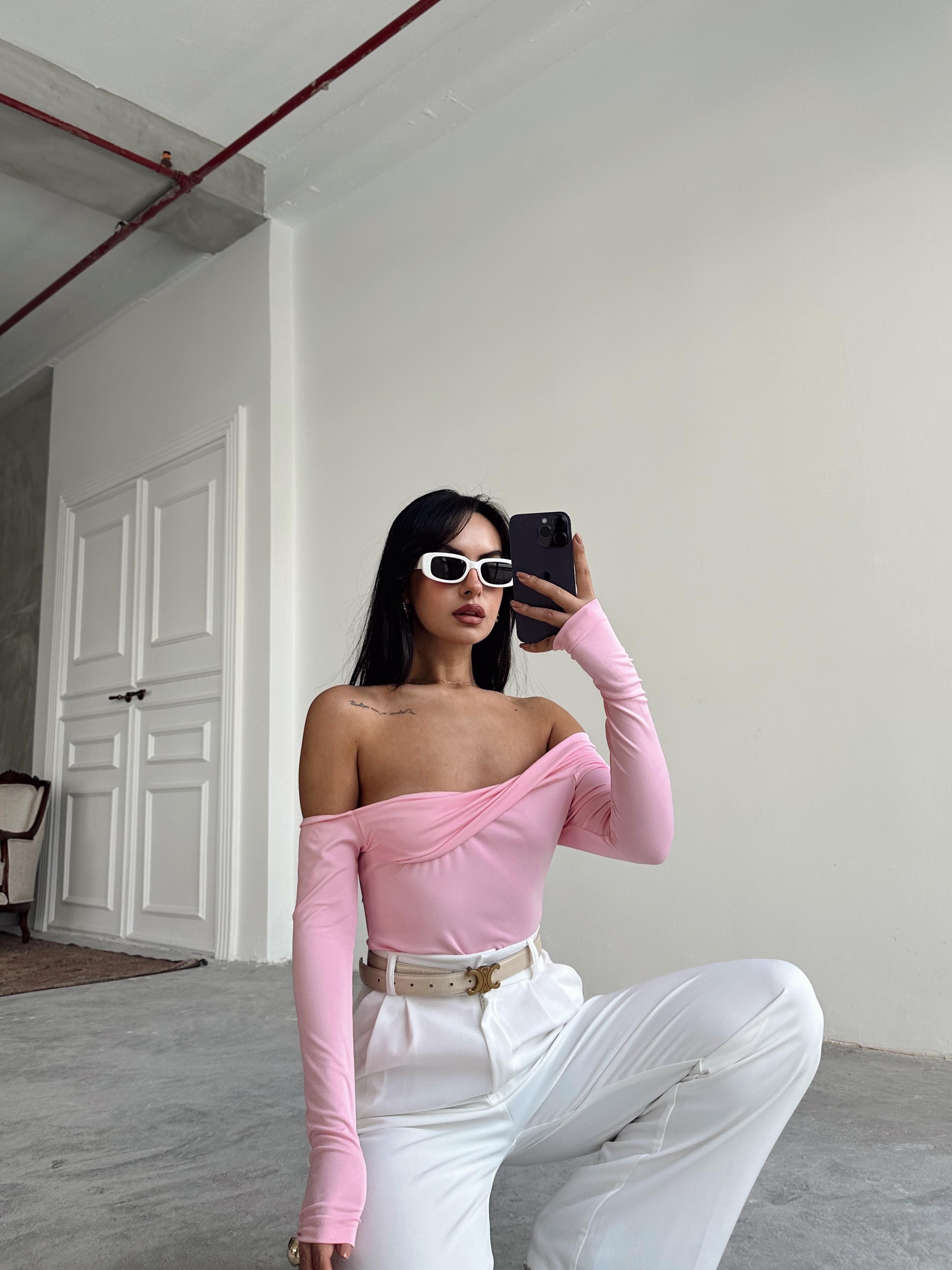 Yaka Katlama Bluz  - Pembe