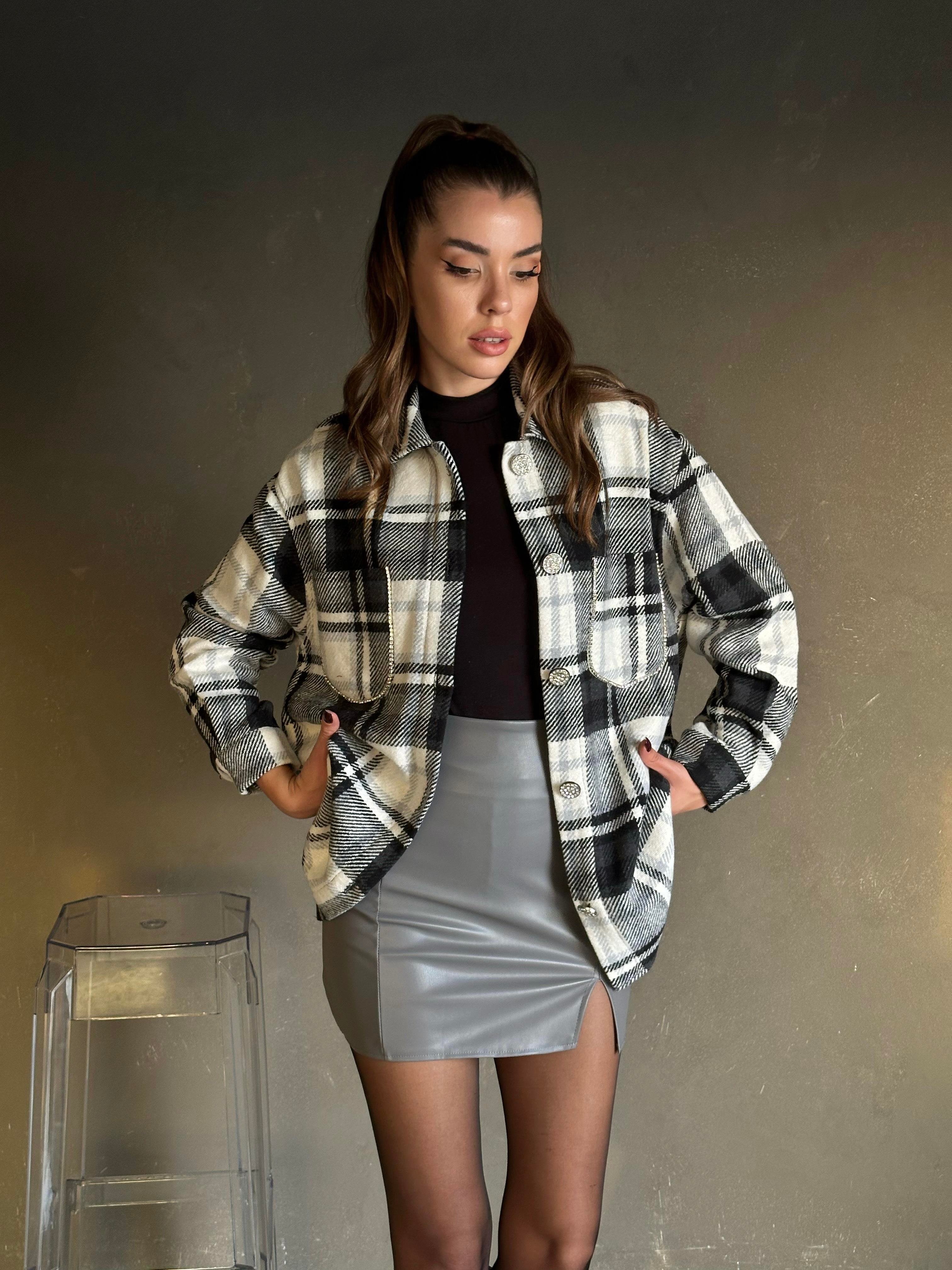 Diamond Detay Oversize Oduncu Ceket Siyah-Beyaz