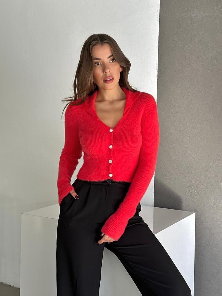 Diamond Düğme Yumoş Triko Hırka Narçiçeği