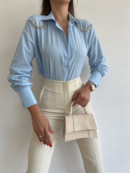 Zincir Apolet Oversize Poplin Gömlek Bebe Mavi