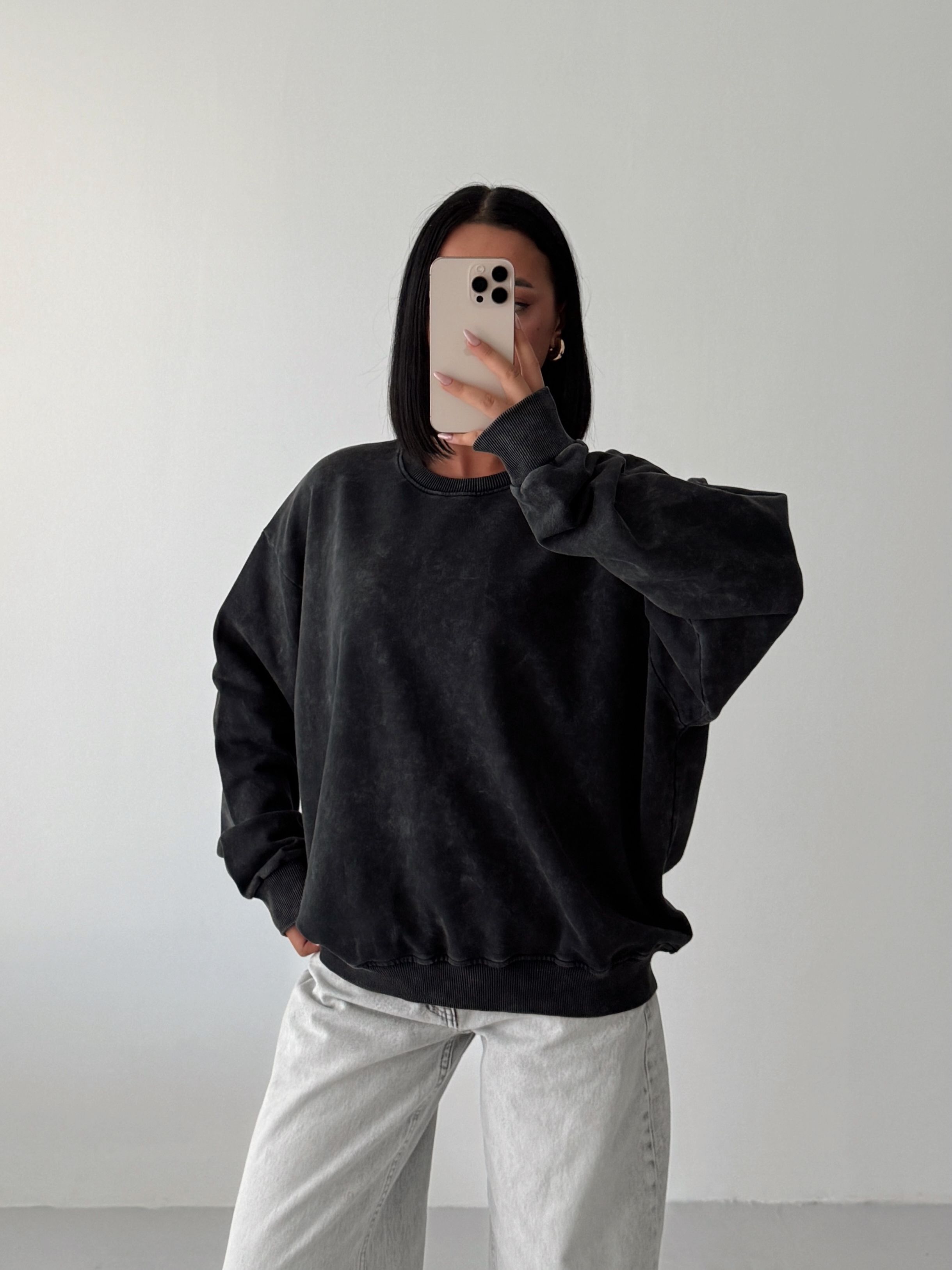 Bisiklet Yaka Yıkama Sweat - Füme