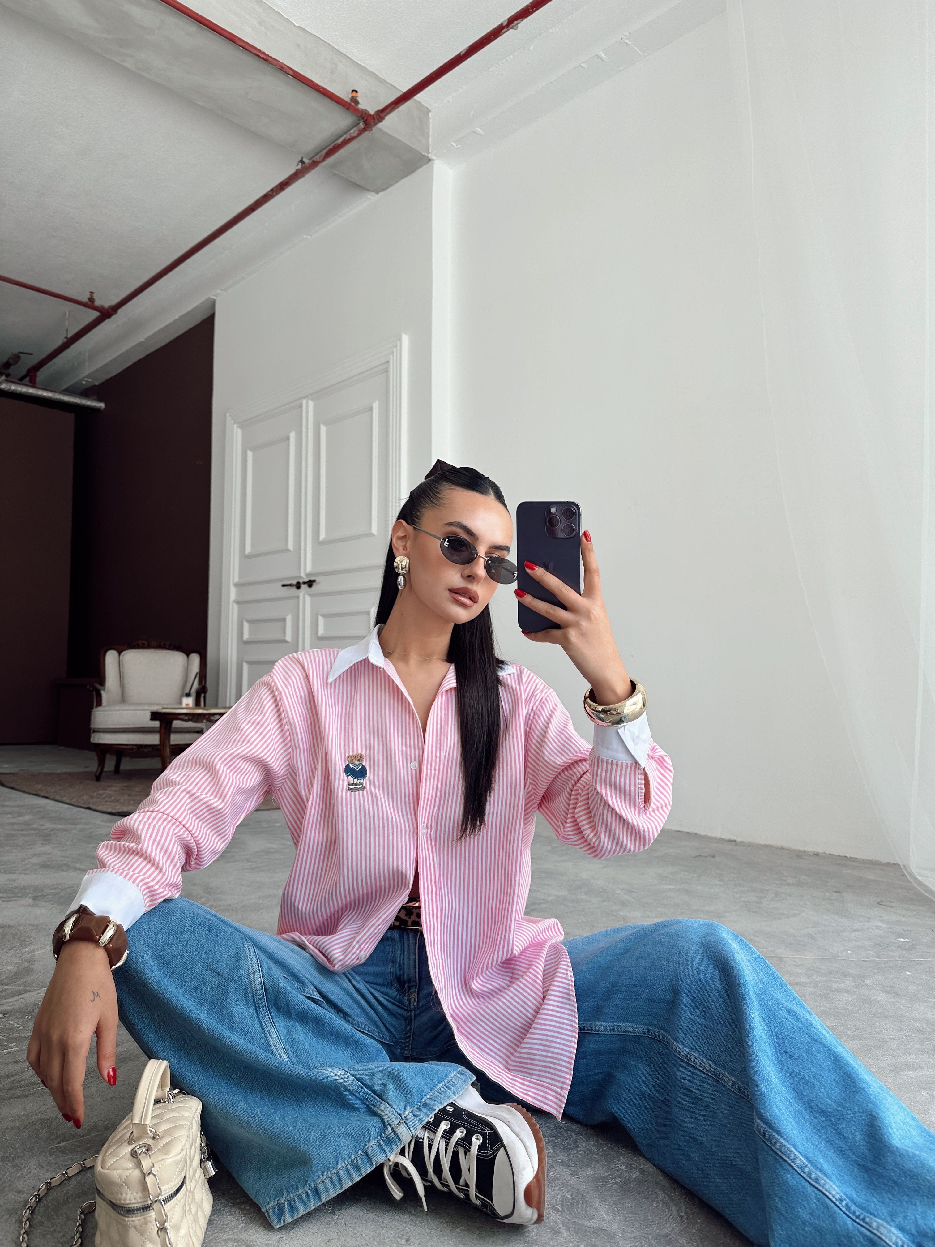Çizgili Ayıcıklı Gömlek - Pembe