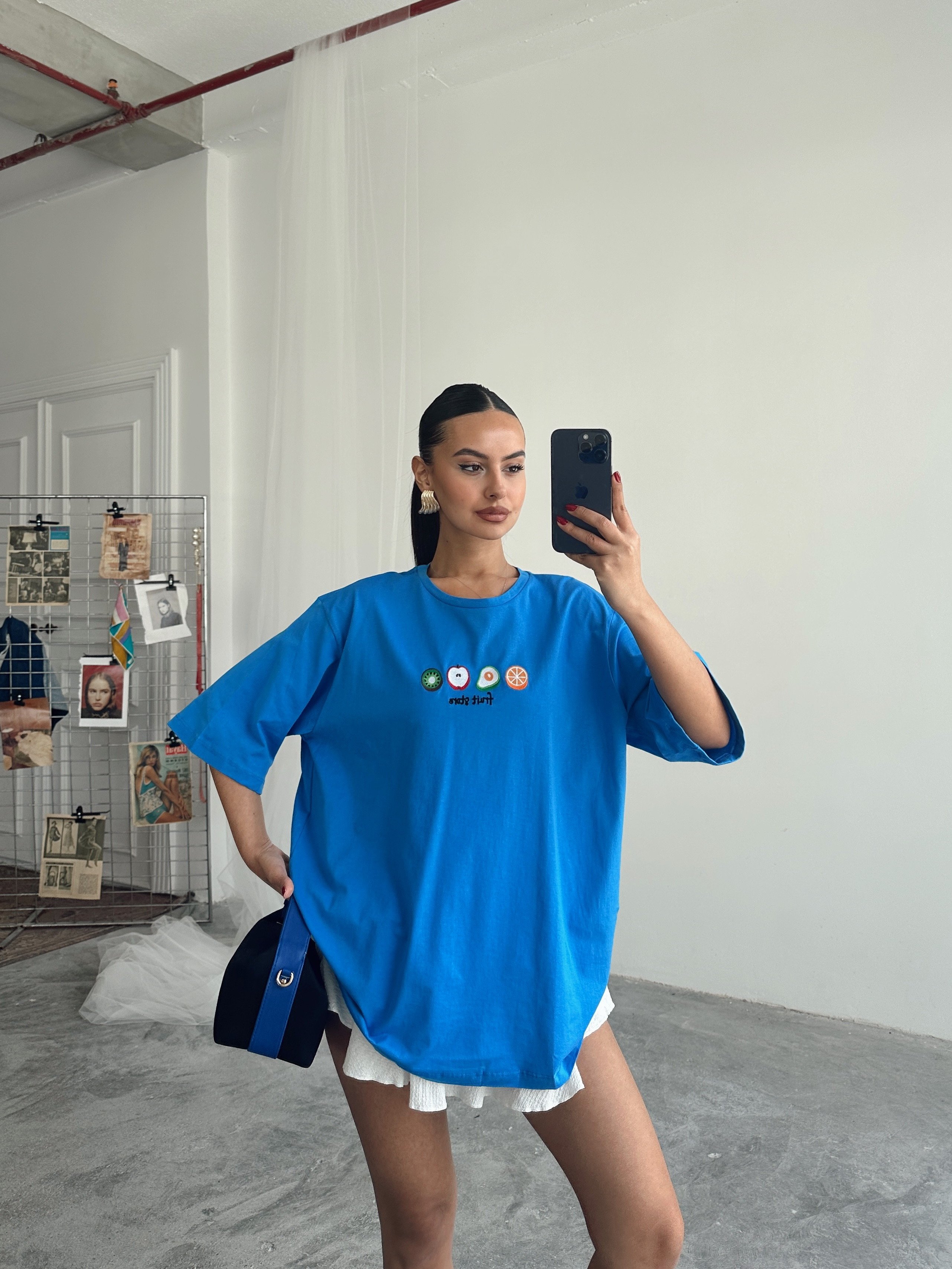 Fruit Nakış Basic T-shirt Mavi
