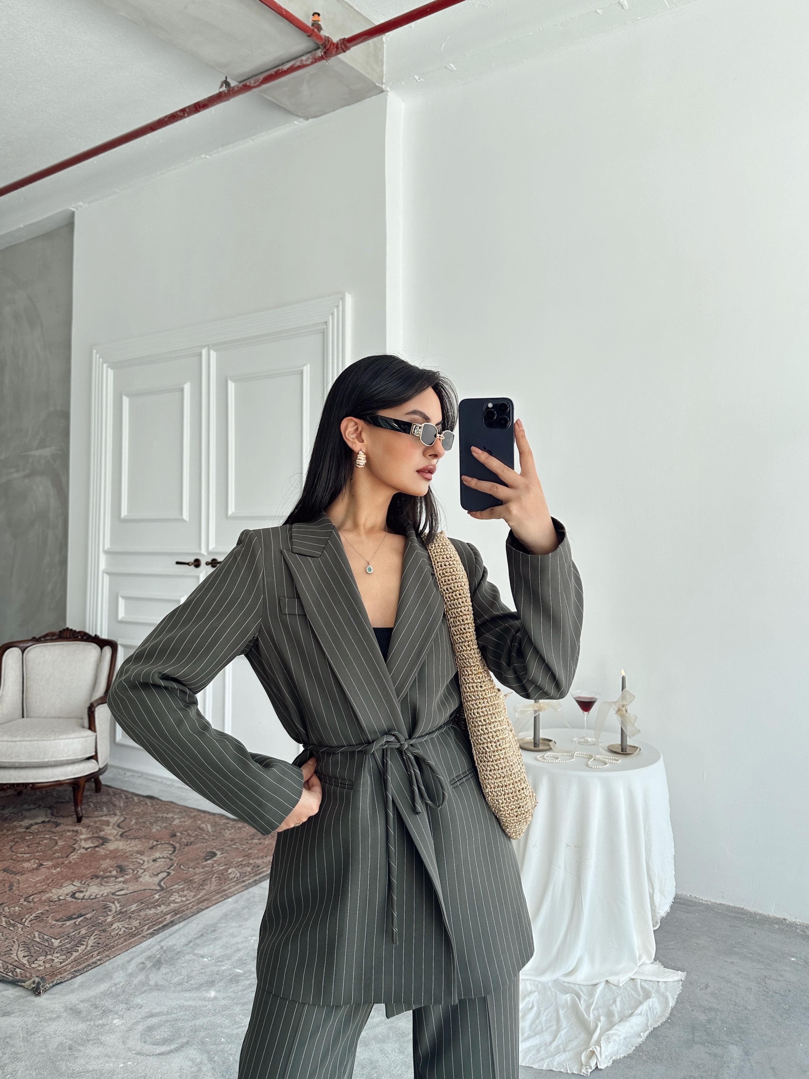 Bel Bağlama Line Blazer Ceket - Haki Yeşil