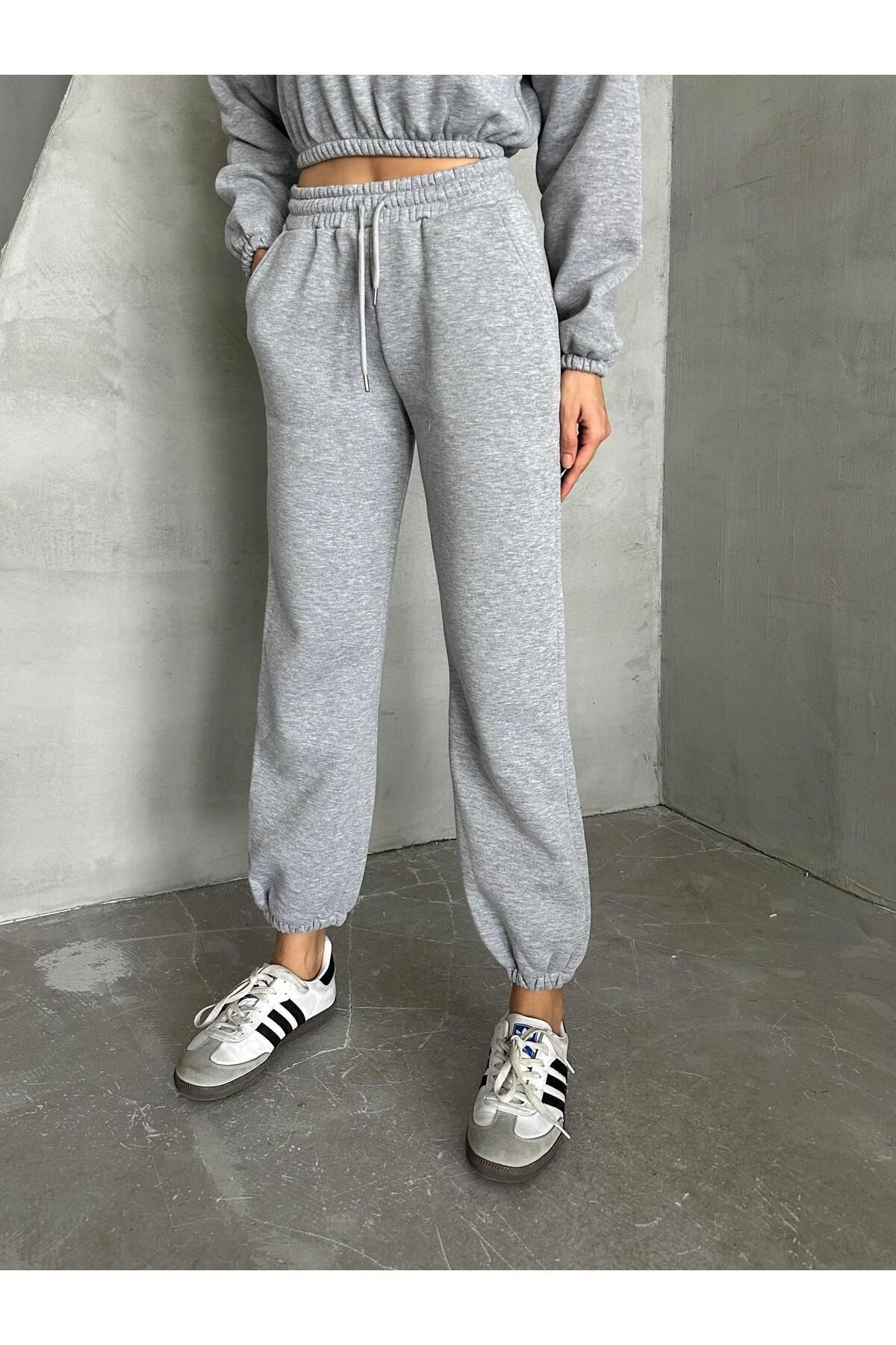 Kapüşonlu Crop Sweat Jogger Eşofman Takım Gri