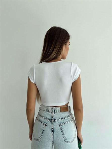 Bel İp Detay Büzgülü Crop Beyaz