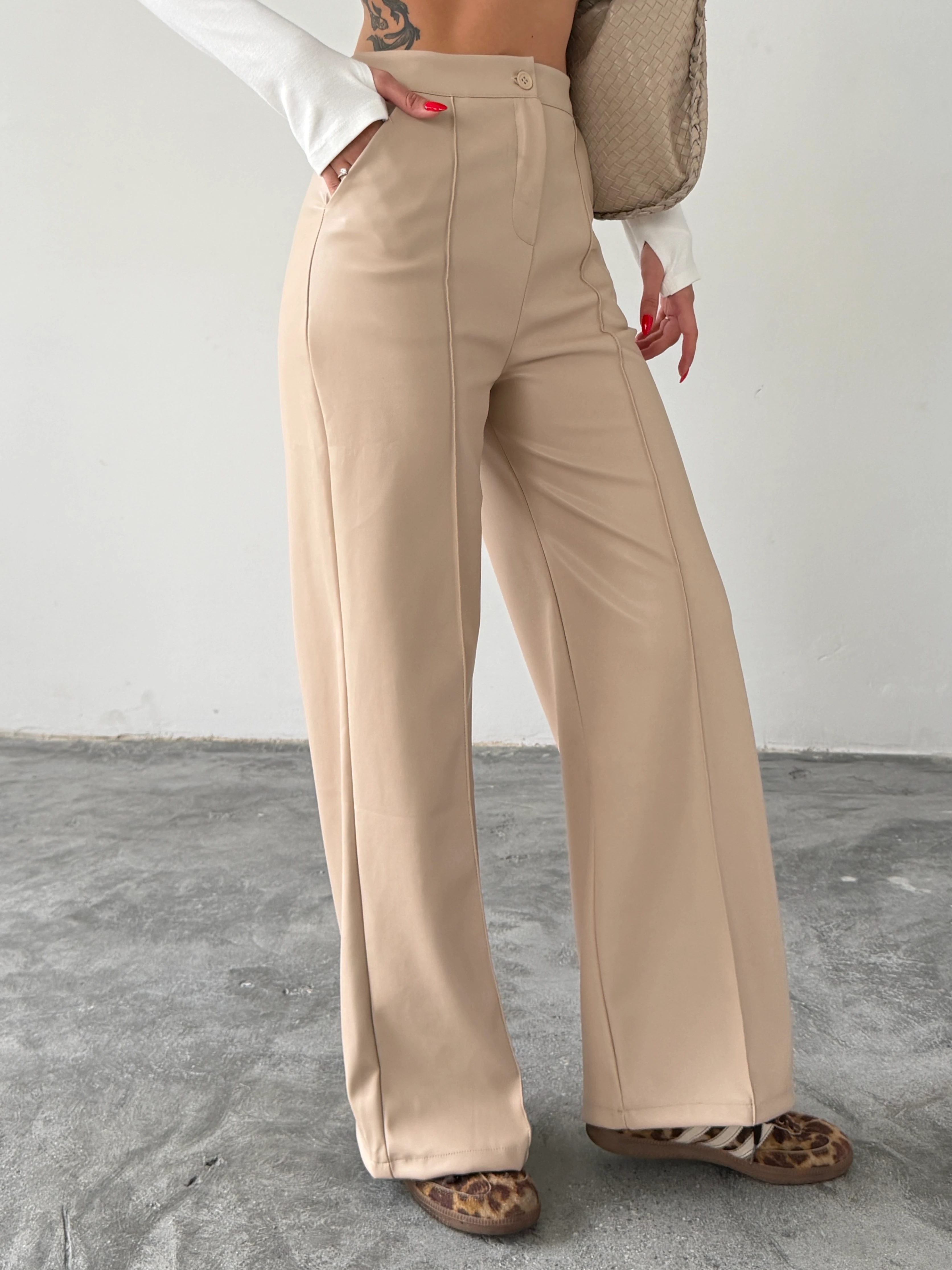 Çımalı Deri Palazzo Pantolon  - Taş