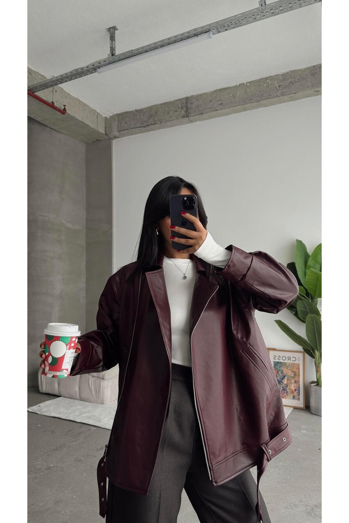 Kemerli Oversize Deri Ceket Bordo