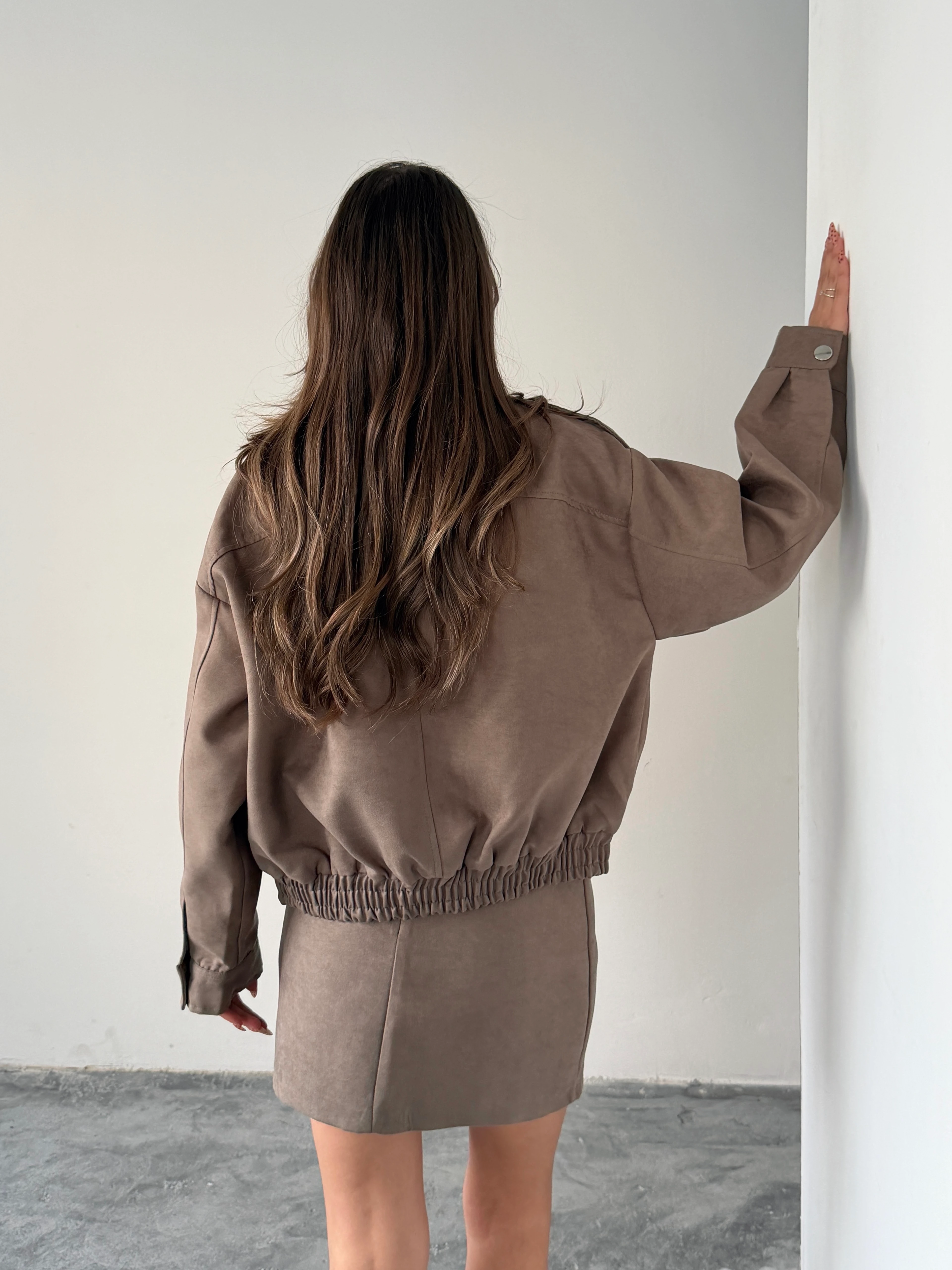 Süet Etek Ceket Takım  - Vizon